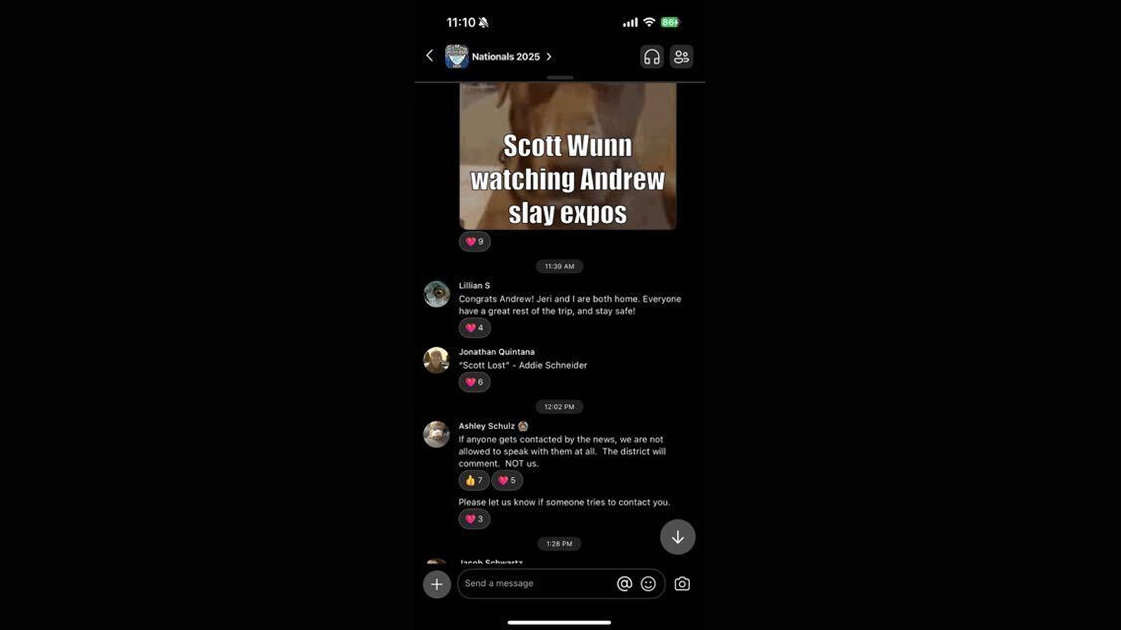 A screenshot of the Cheyenne East High School assistant speech and debate coach telling students “NOT” to talk to the press about a mass panic which a guest who was with the team is accused of causing.