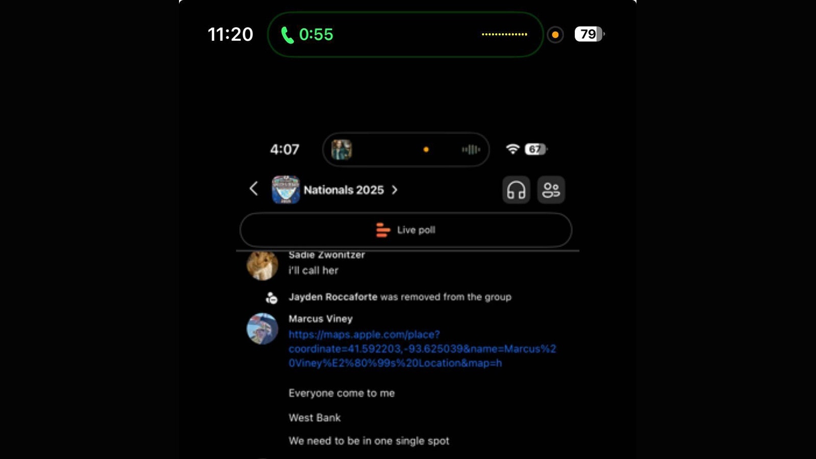 A shot of the East High School nationals speech and debate team’s group chat, from which Jayden Roccaforte was removed around the time of his arrest.