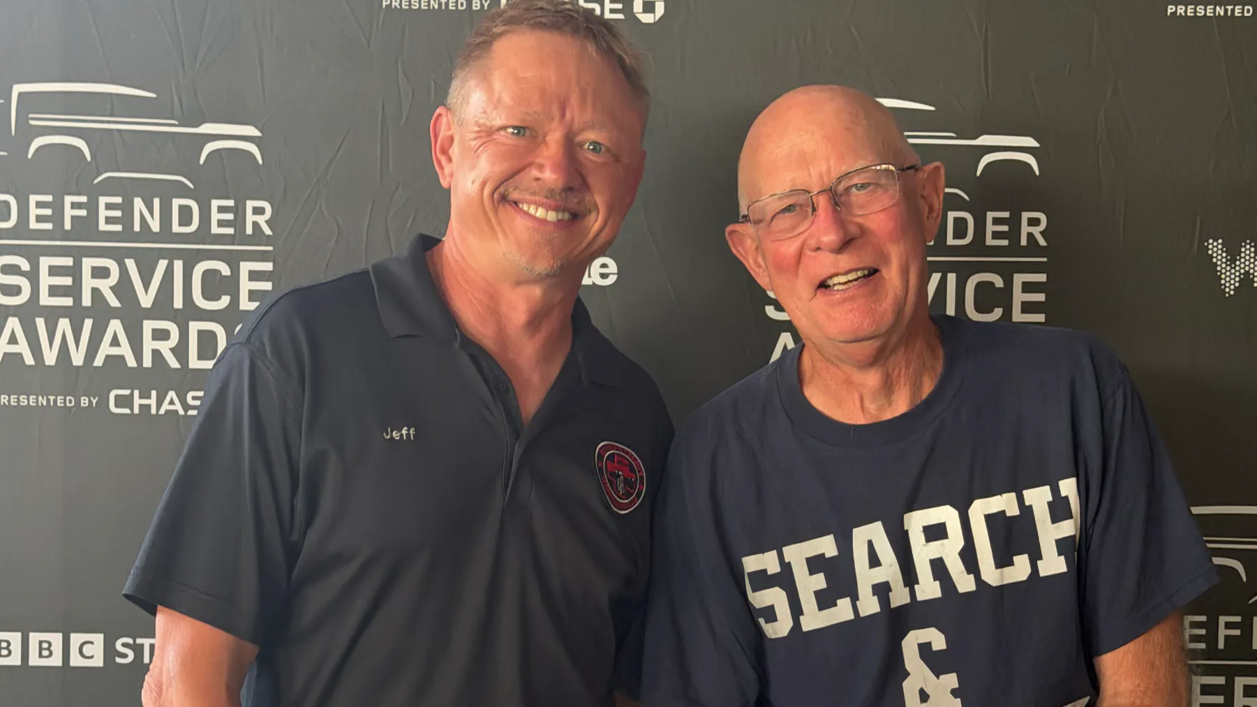 Big Horn County Search and Rescue Director Jeff Schmidt and Custer County Search and Rescue's second longest-serving acting member Jim “Buzz” Laverick, met at Saturday's awards ceremony in Temecula, California.