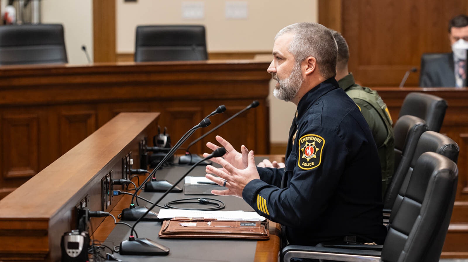 Capt. David Janes of the Cheyenne Police Department testifies about Senate File 196, which would have prohibited state agencies from enforcing federal gun laws that clash with Wyoming's.