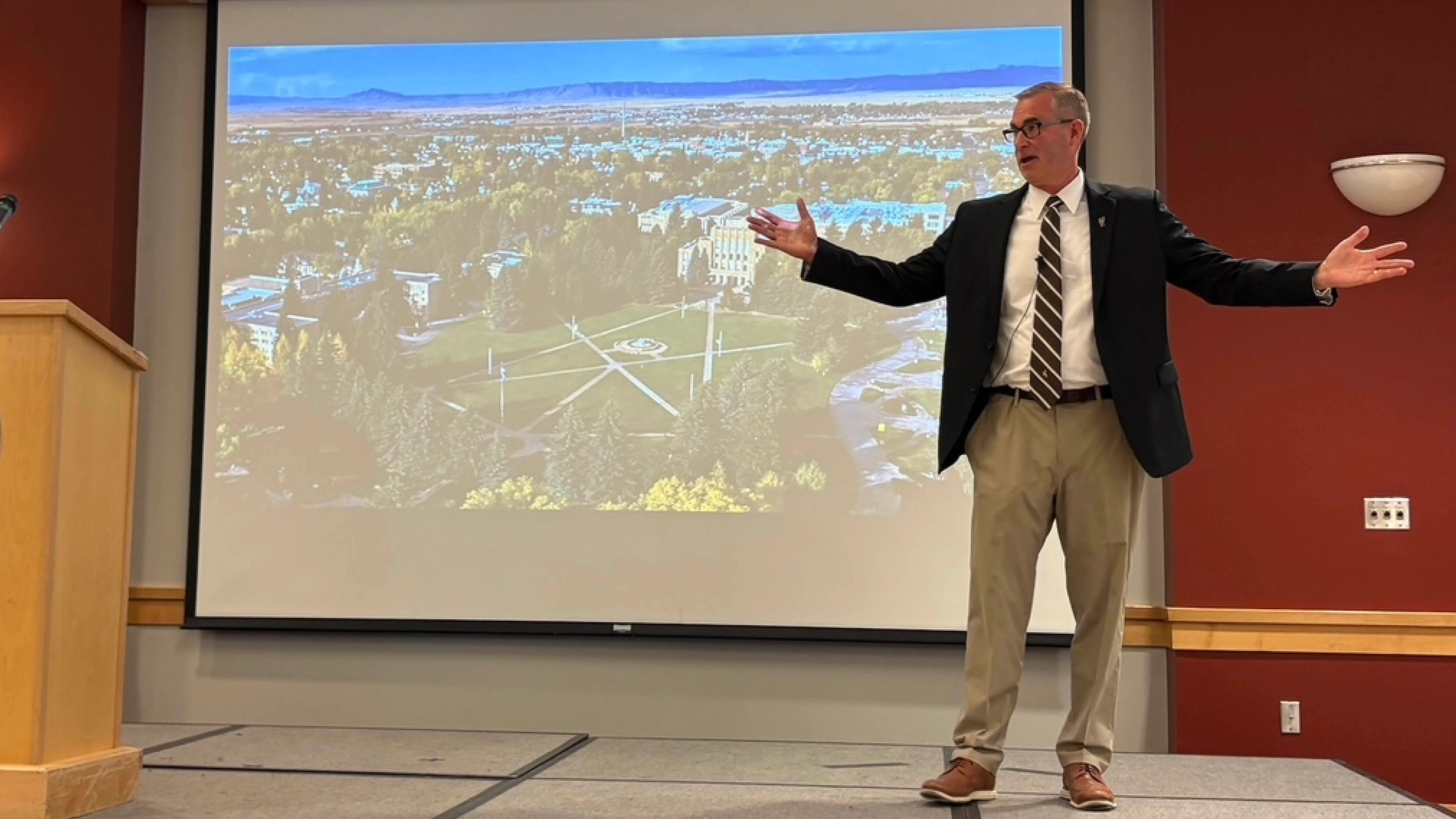 The University of Wyoming’s new president urged the school to push toward supremacy in artificial intelligence use, and to prioritize the school’s athletics program, during his Tuesday state of the university address in Laramie.