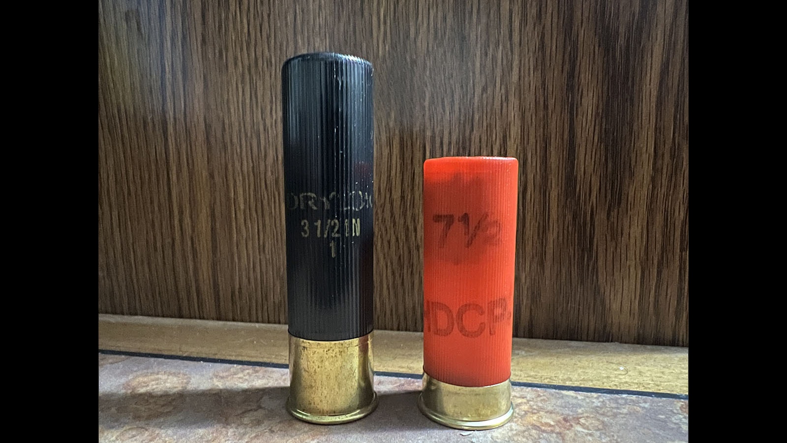 As battlefield action in Ukraine has demonstrated, shotguns can be effective for shooting down drones at close range. A good ammunition choice might be a 12 gauge 3 1/2-inch magnum heavy shot waterfowl load, left. A much lighter 2 ¾ standard target load is also shown for comparison.