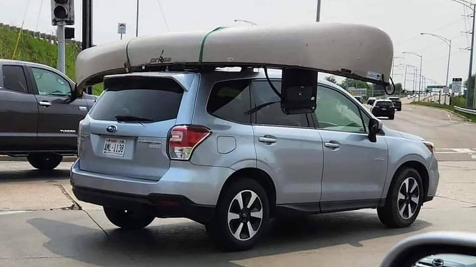 Jen Mignard, founder of the "Yellowstone National Park: Invasion of the Idiots" Facebook page couldn't believe it when she saw this canoe strapped sideways on top of a Subaru.