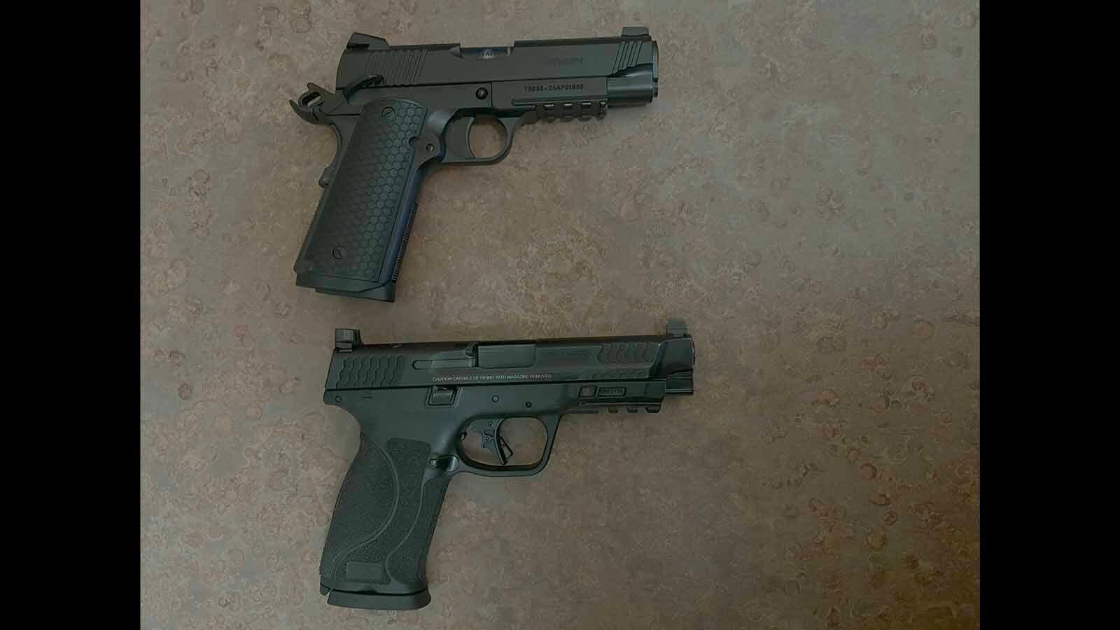 Older-style pistols such as the 1911 platform, top, feature an external hammer and external manual safety. Modern striker-fire pistol designs have no external hammer, and frequently no manual safety either.
