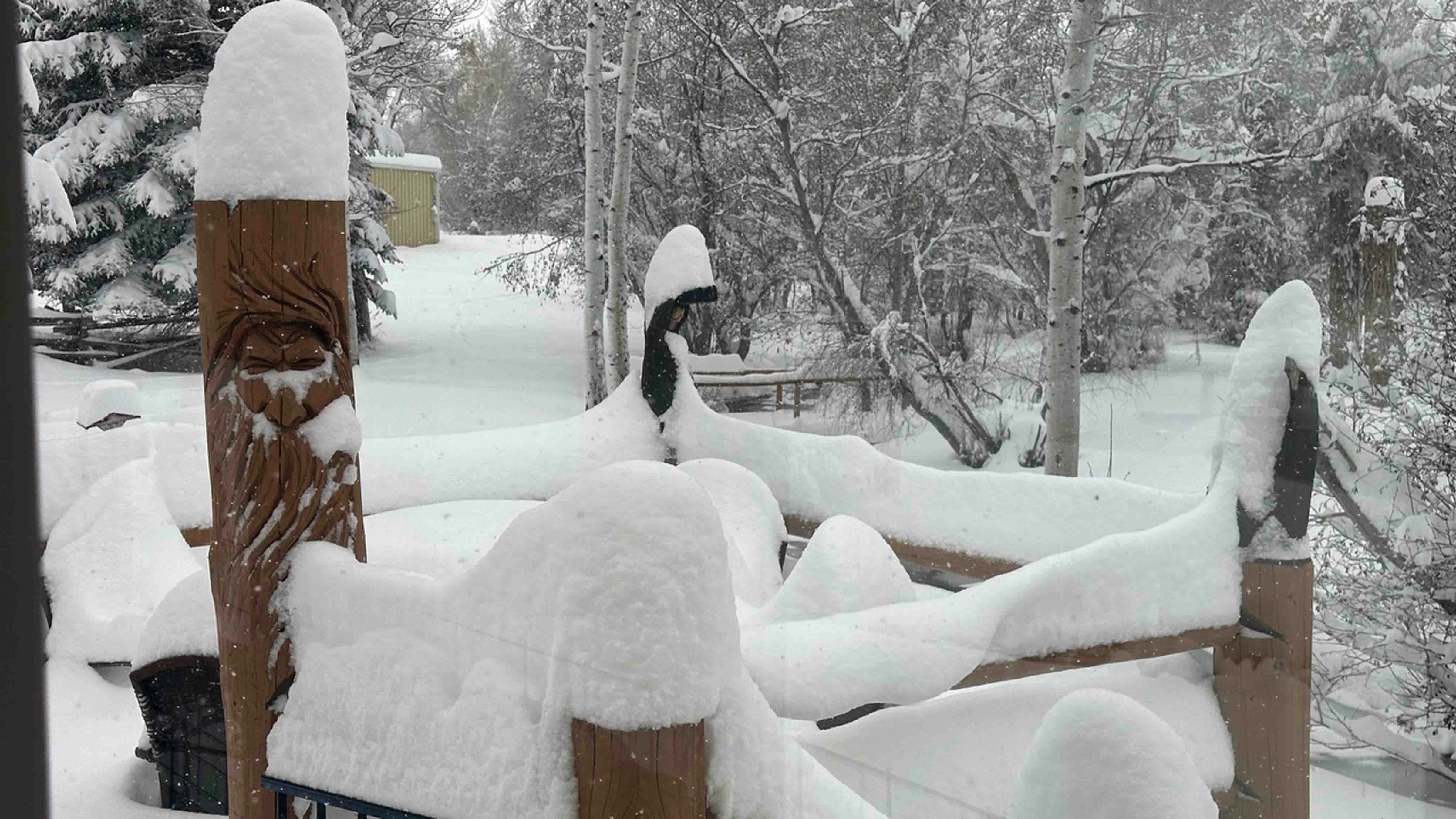 The wind does not blow much in Lander. Here is the snow piling up on the back deck at the Sniffin home.