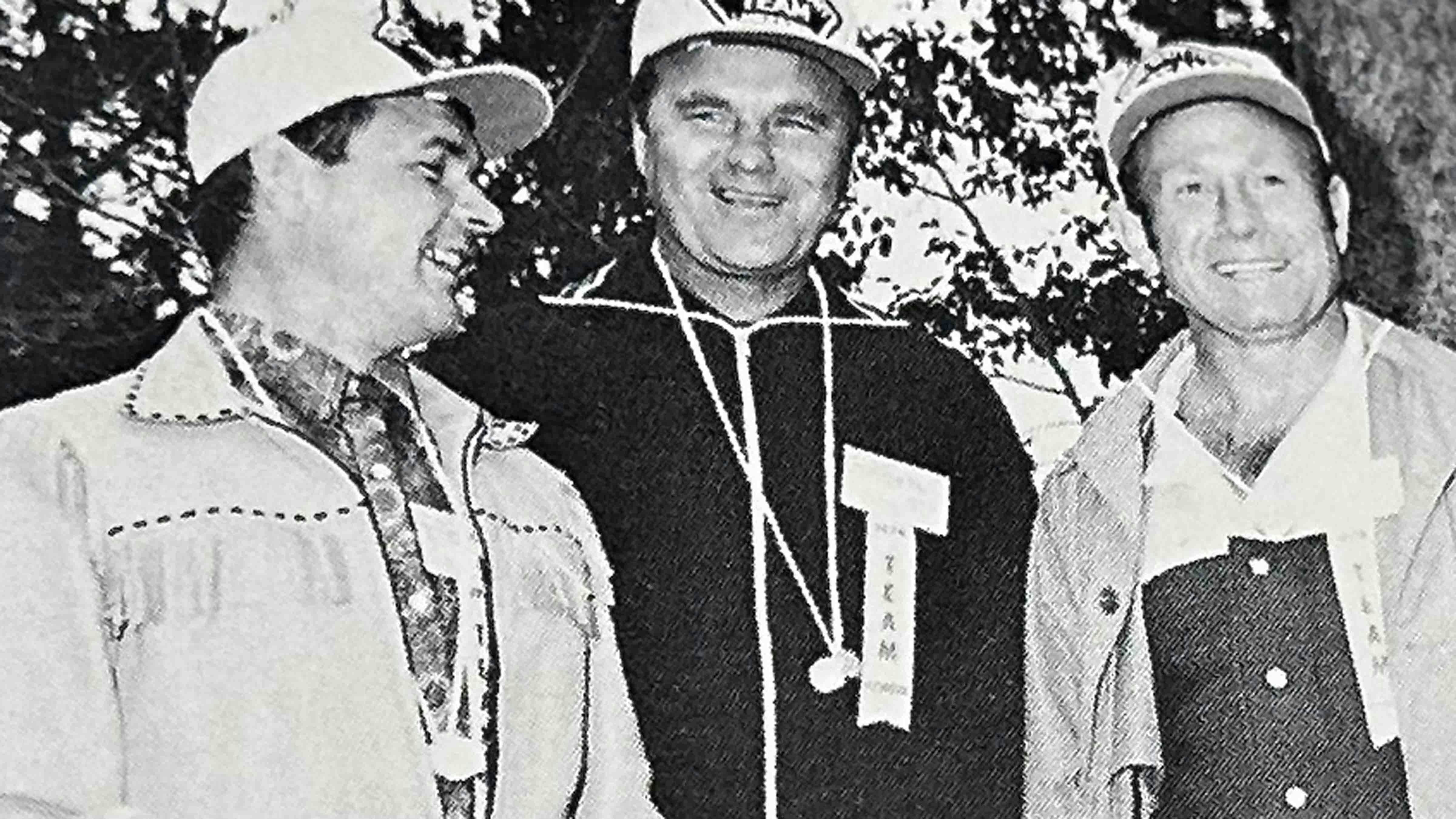 The three-member Russian team poses during the One Shot Hunt in Lander 50 years ago. From left: Valery Kubasov, Gen.Vladimar Shatalov, and Alexei Leonov.