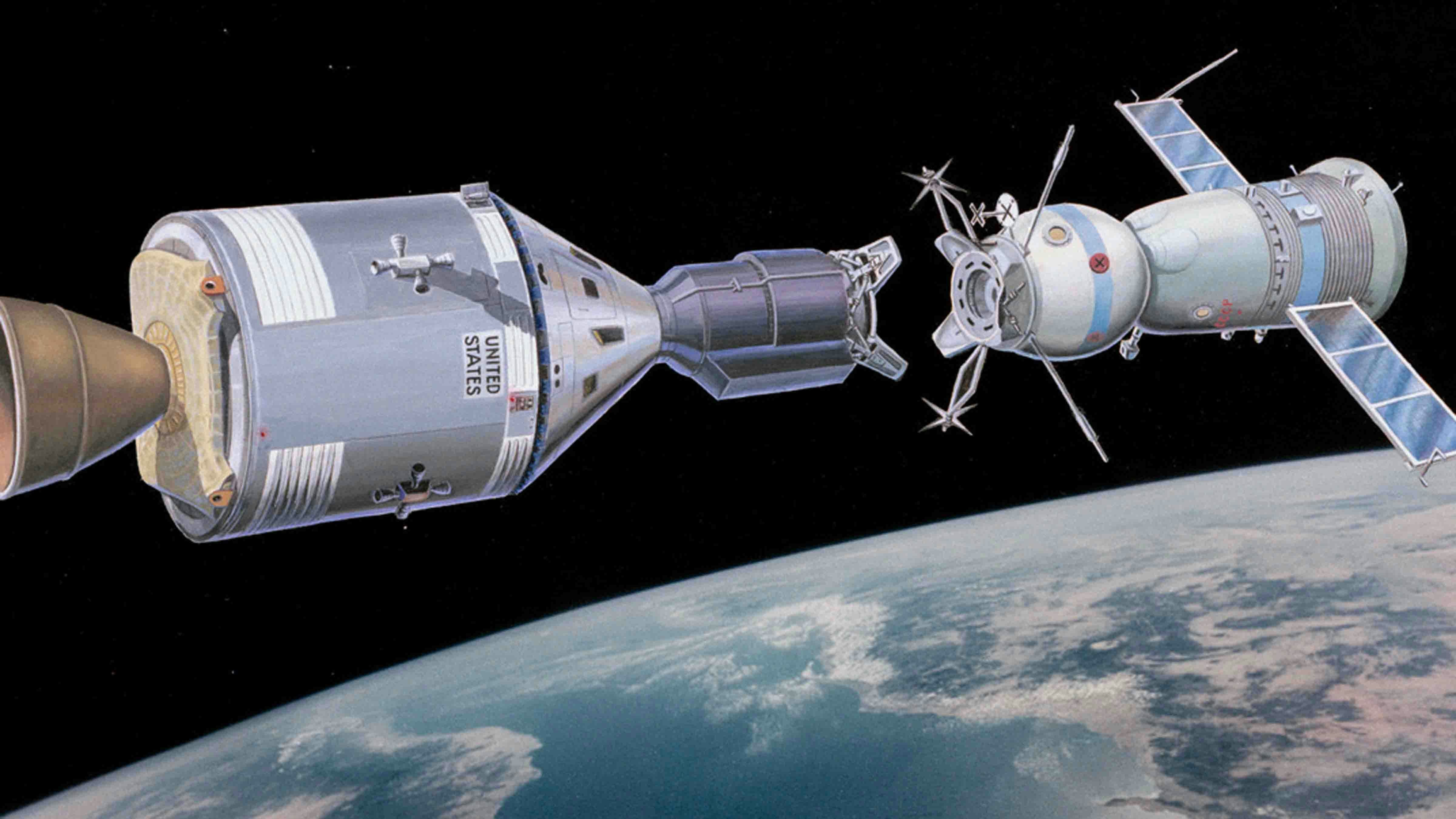 Artist rendering of joint docking in space between Apollo and Soyuz.