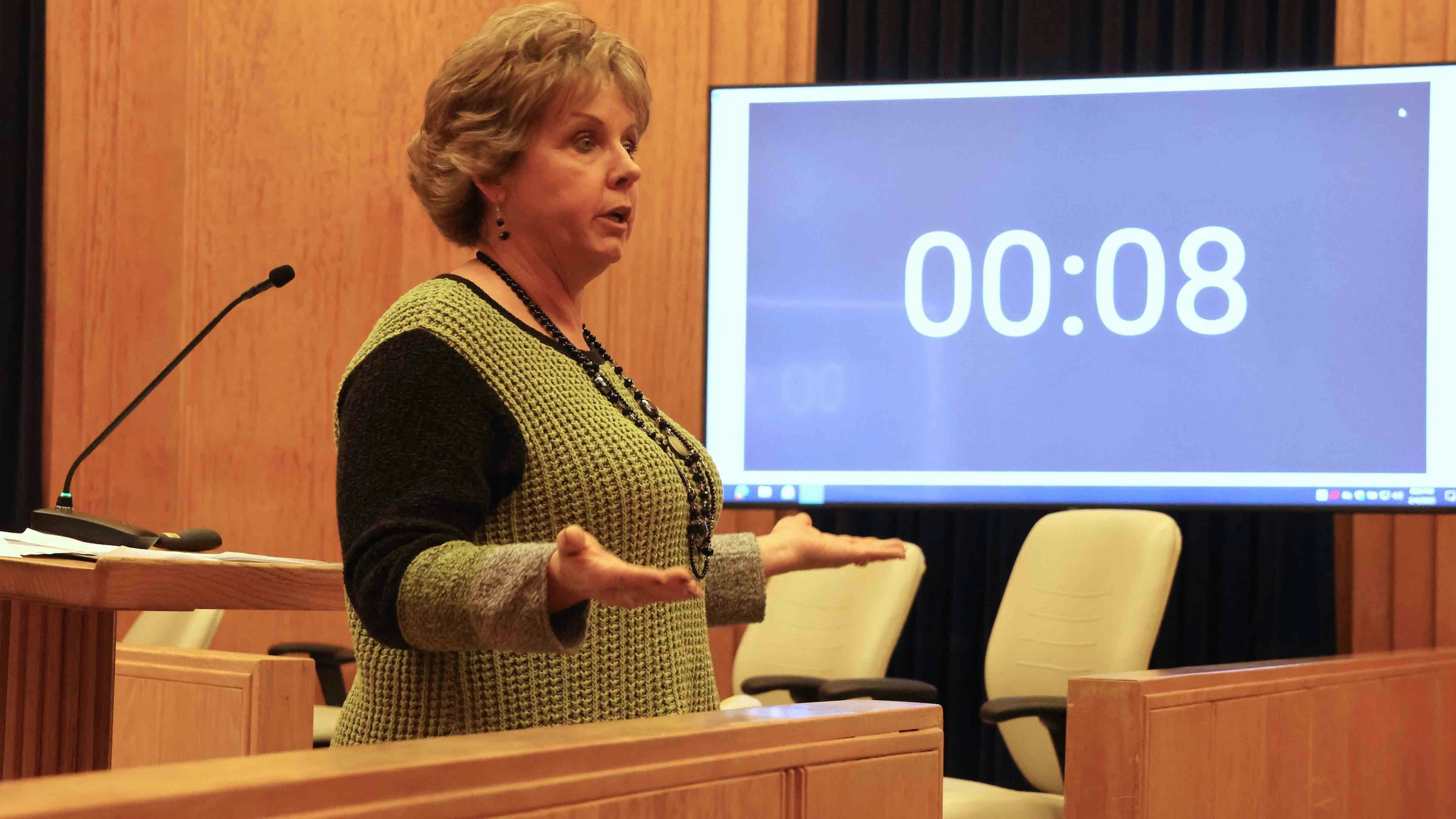 Shiela Hilts of Kaycee tells the crowd at the Tuesday hearing on a solar farm planned for her property 30 miles west of Casper near Natrona that she believes the project and the company doing it would not be an issue for the area.