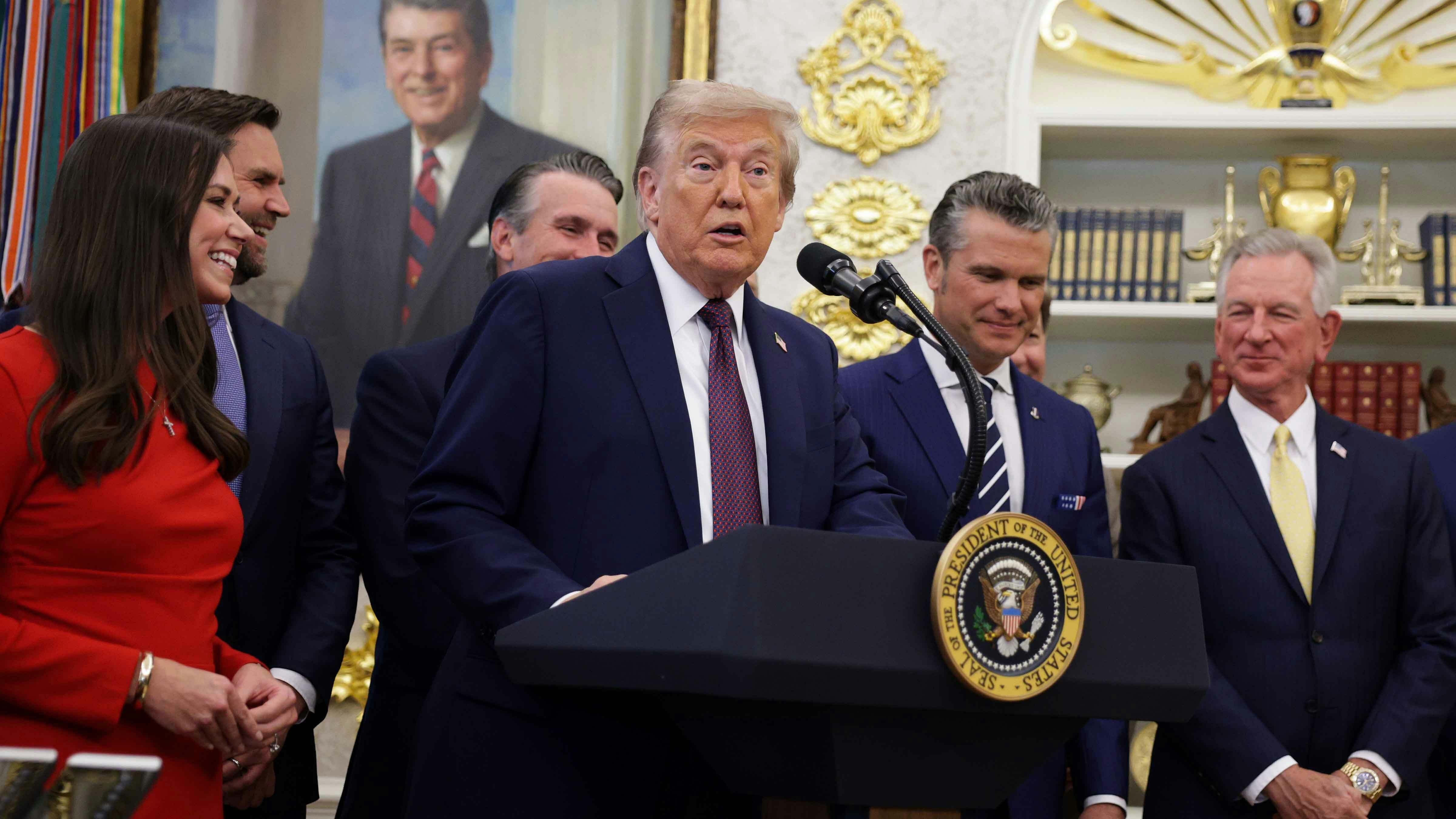 U.S. President Donald Trump announces the moving of Space Command headquarters from Colorado to Alabama.