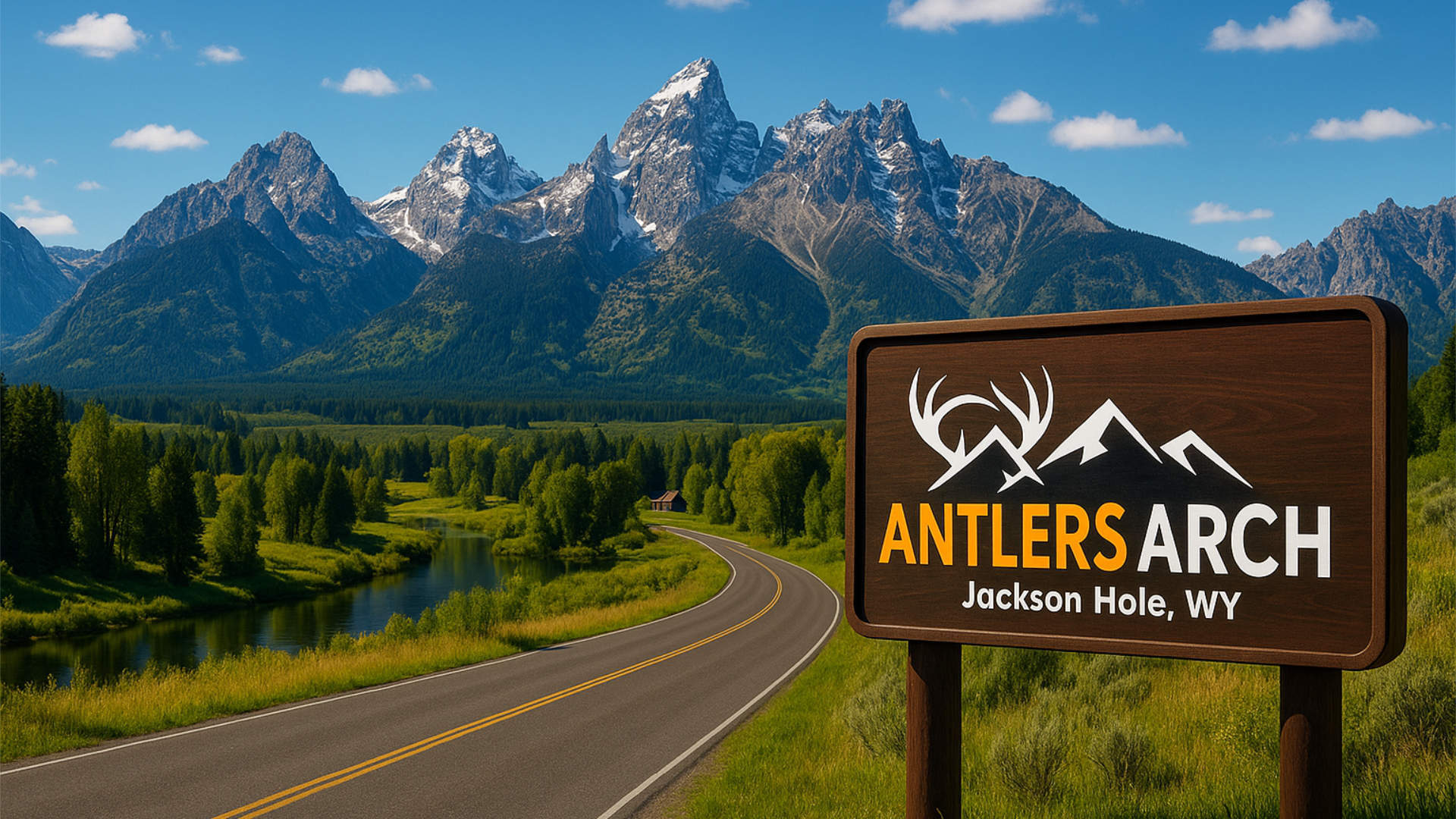 Digitally created Antlers Arch sign with the Teton mountains in the background.
