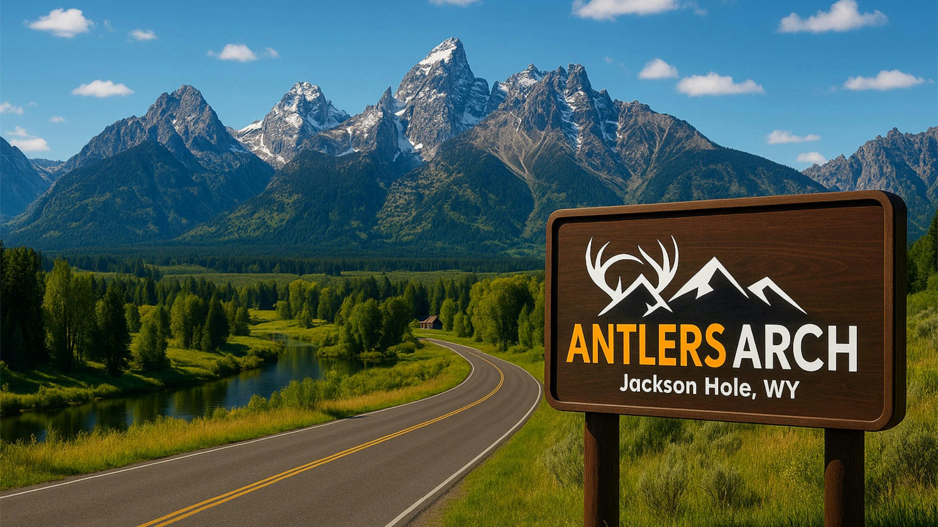 Digitally created Antlers Arch sign with the Teton mountains in the background.