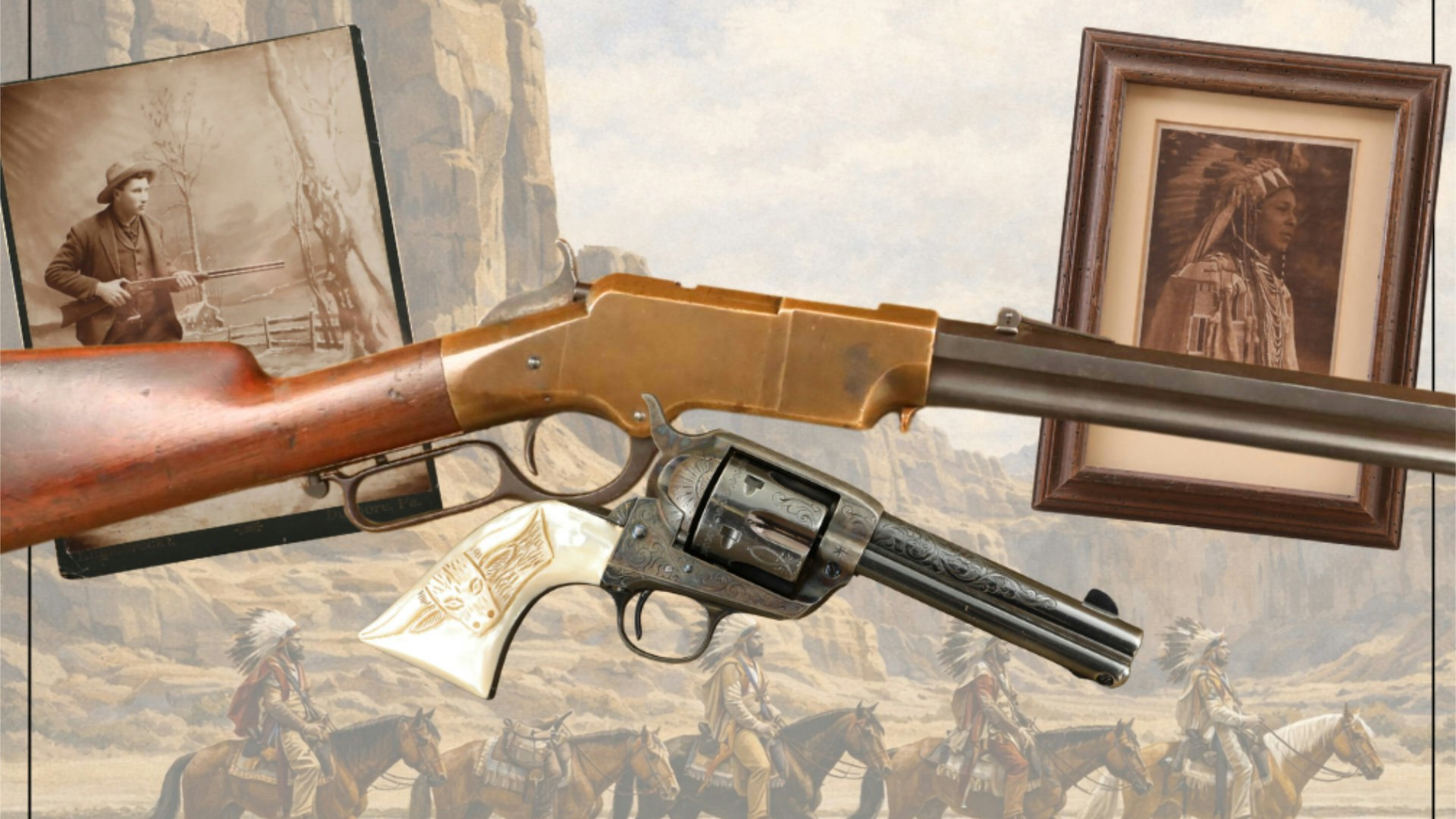 Catalog feature highlighting a classic lever action rifle and an engraved single action revolver displayed with historic Western photography and Native American portraiture, representing the frontier firearms and memorabilia offered in the Cody auction.