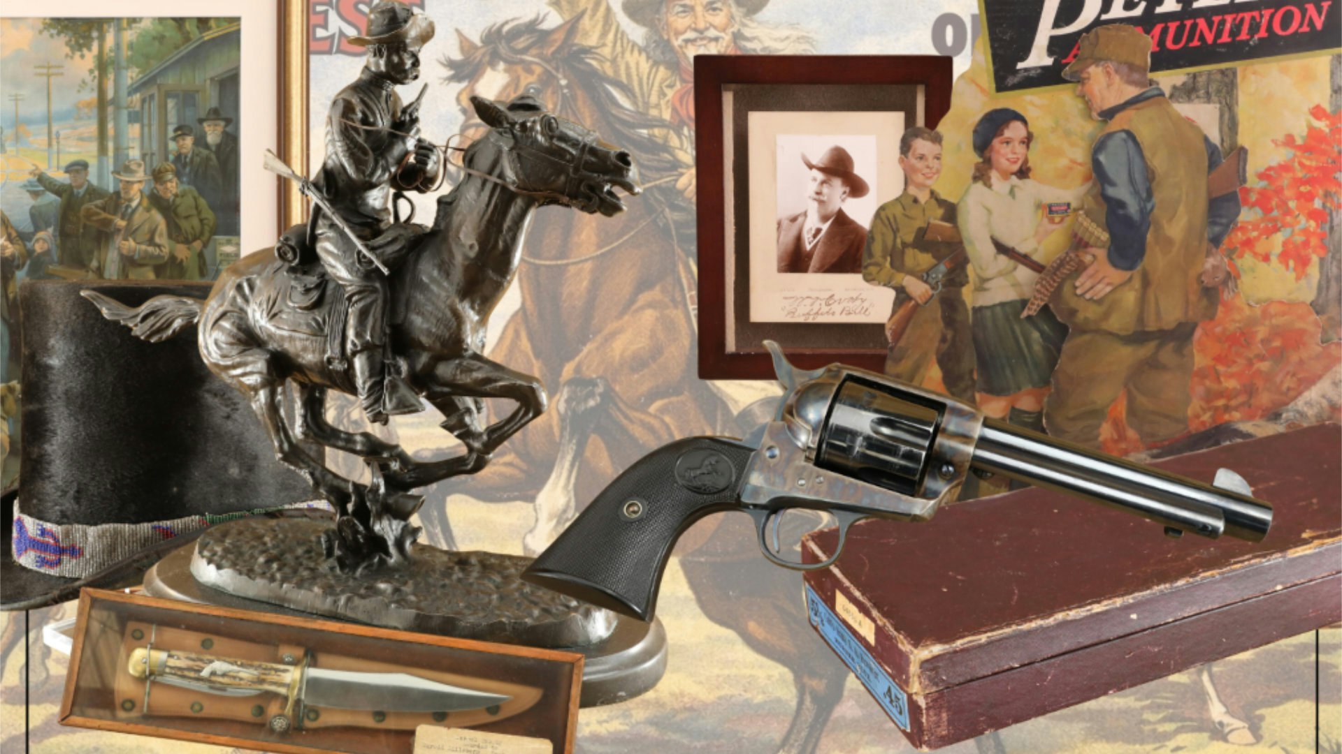 Western collectibles display featuring a classic single action revolver, bronze equestrian sculpture, period cowboy hat, vintage advertising art, framed historical photographs, and a cased knife, representing the breadth of frontier firearms and memorabilia offered in the Cody auction.
