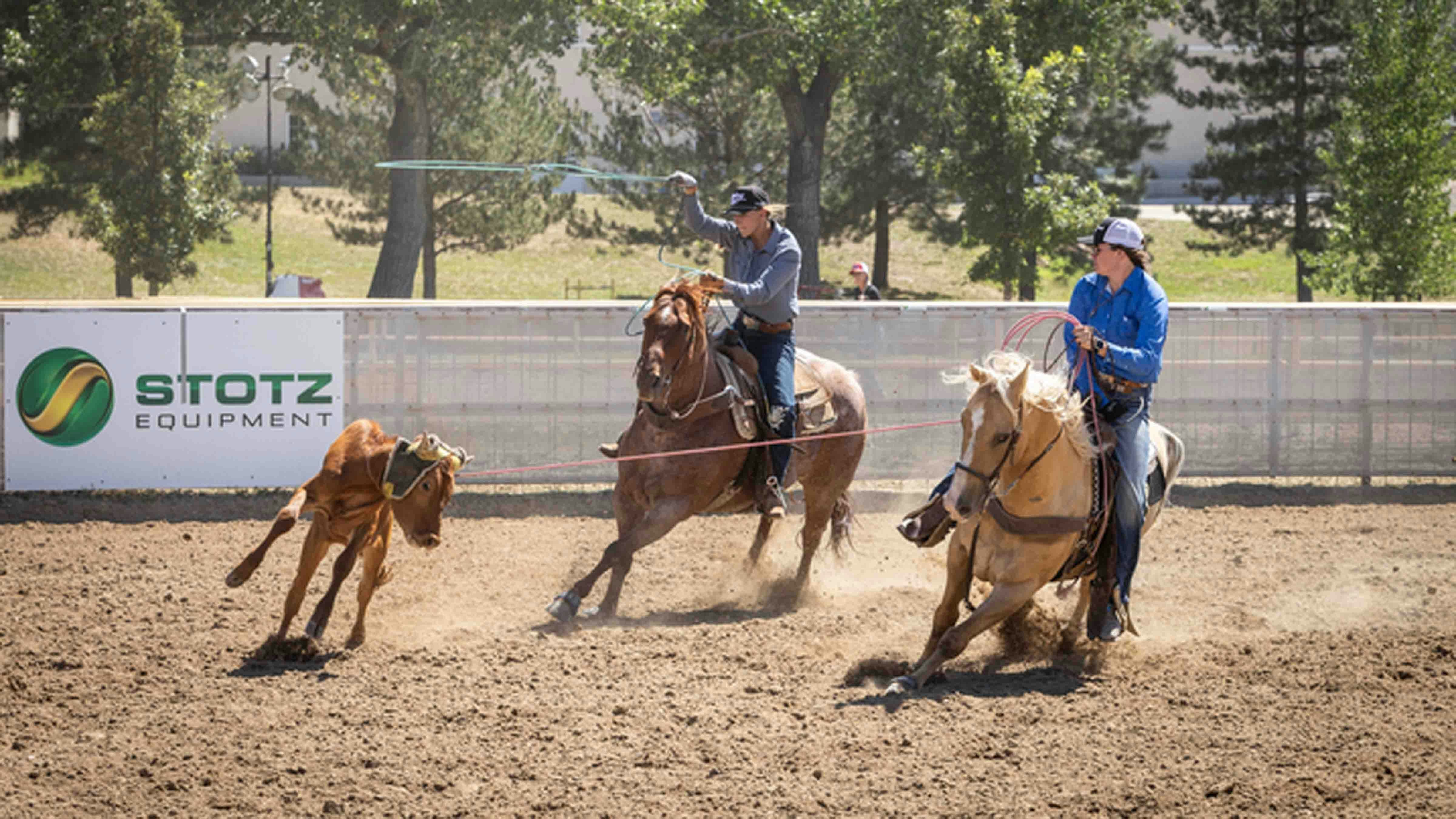 Brenna Herring and Hadley Furnival rope in the All Wyoming Team Roping Jackpot at the Wyoming State Fair on August 16, 2024, in Douglas, Wyoming.