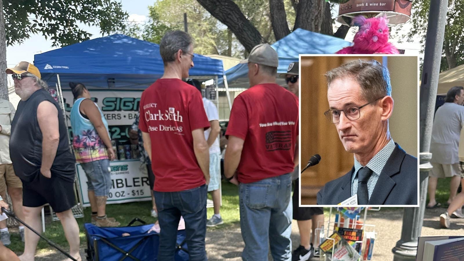 State House Rep. Clark Stith, R-Rock Springs, left, campaigns in House District 48 in southwestern Wyoming on Tuesday morning.