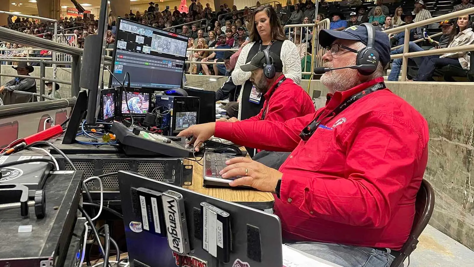 Stuart Pierson works his video production station at the PRCA Columbia River Circuit Finals in Redmond, Oregon.