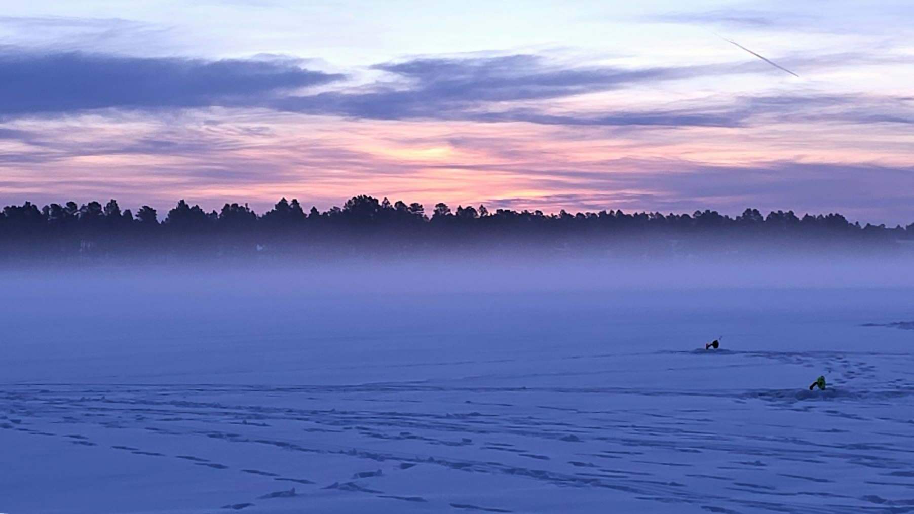"Sunrise coming over marina at Keyhole State Park while the fog covers the lake."