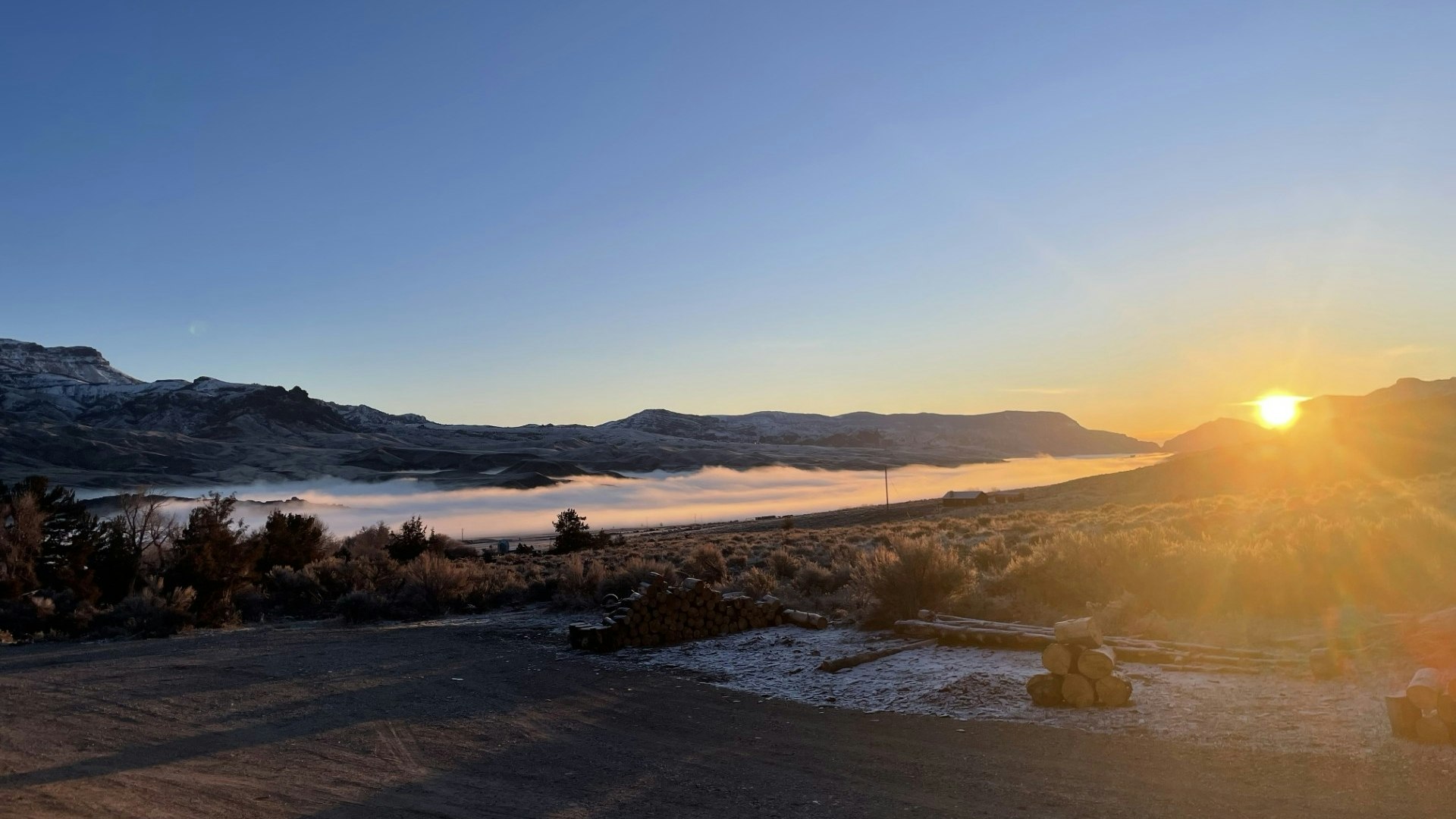 "Steamboat Point on the skyline. The snow helps hide the effects of last fall's Elk Fire that burned off the face of the Big Horns in this area." Wolf, WY