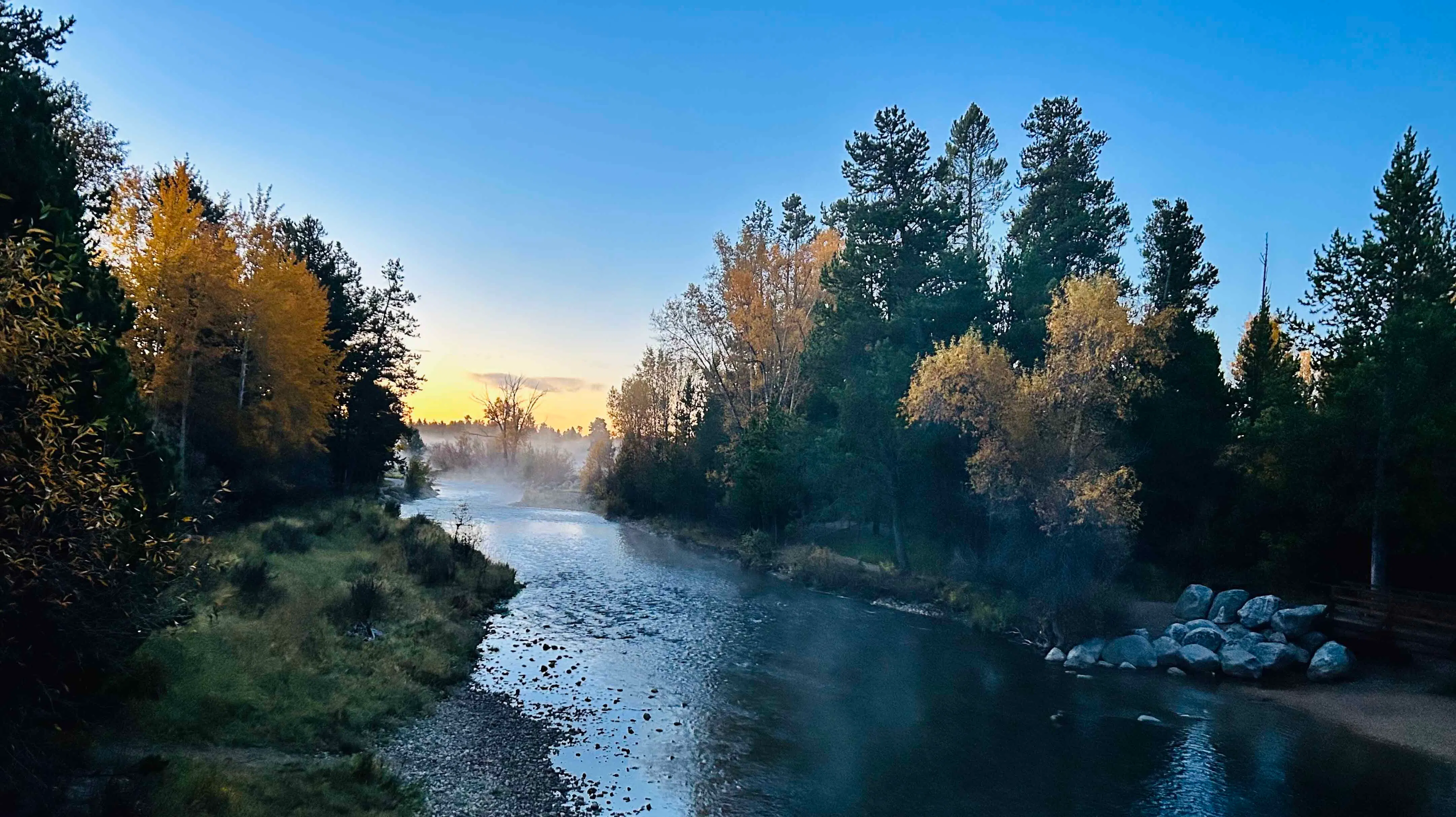 "Beautiful fall sunrise along Pine Creek in Pinedale. Enjoy the cool fall mornings!"