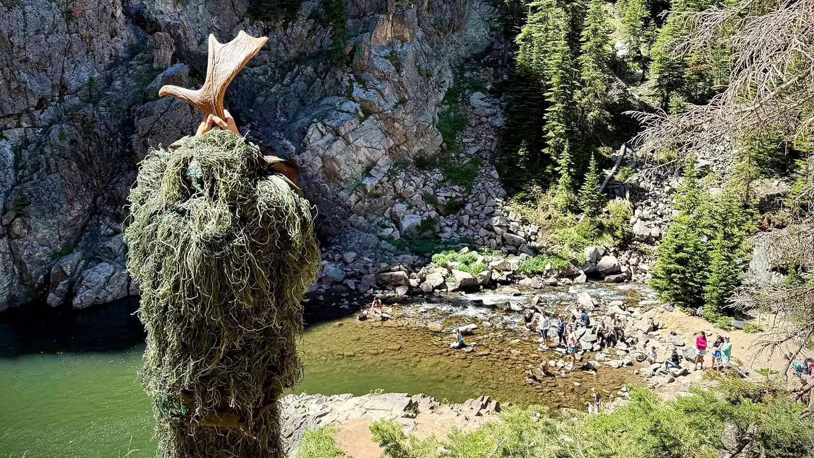 The dangerous and elusive "Swamp Moose" returned to the Bighorn National Forest over the Fourth of July weekend. It was actually 9-year-old Bridger Knox of Cheyenne wearing a ghillie suit with a moose antler on his head.