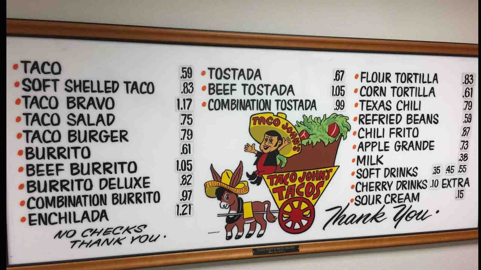 Taco John's historian Dave Herrington credits this menu board photo to the mid 1970s