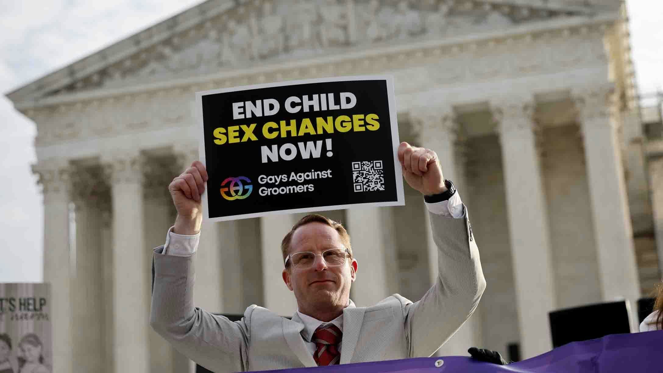 Man protests outside of the U.S. Supreme Court as the justices hear arguments in a case on gender-change treatments for kids. Washington, D.C.