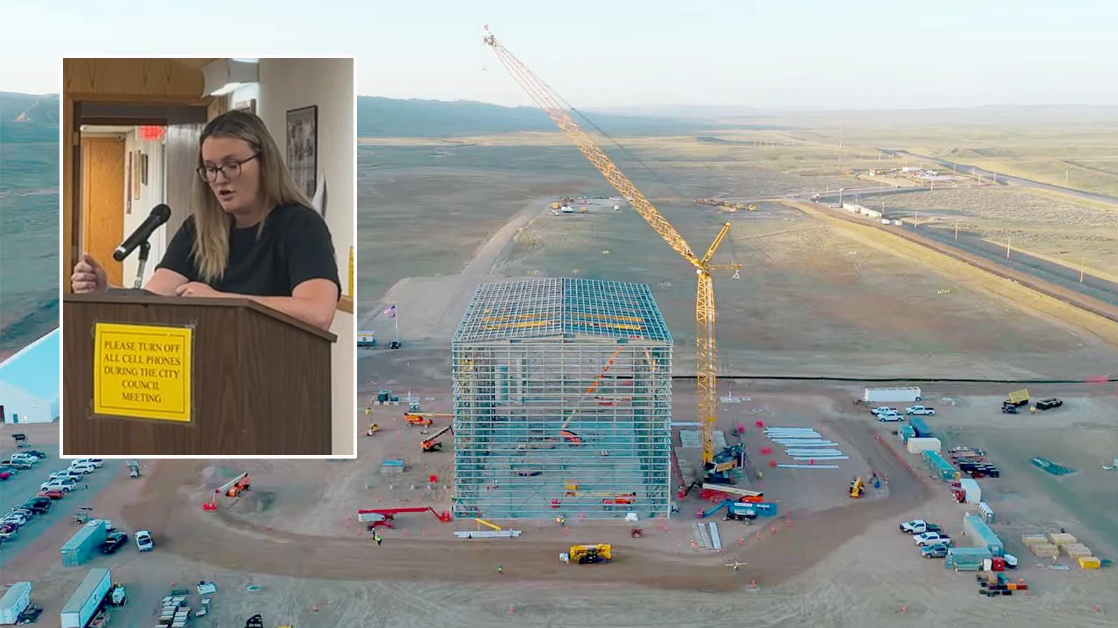 Inset: Kemmerer resident Kori Seamons addressing the Kemmerer City Council on Monday, June 22, 2026. Main photo: Work is underway on the TerraPower nuclear power plant and its other facilities near Kemmerer, Wyoming.