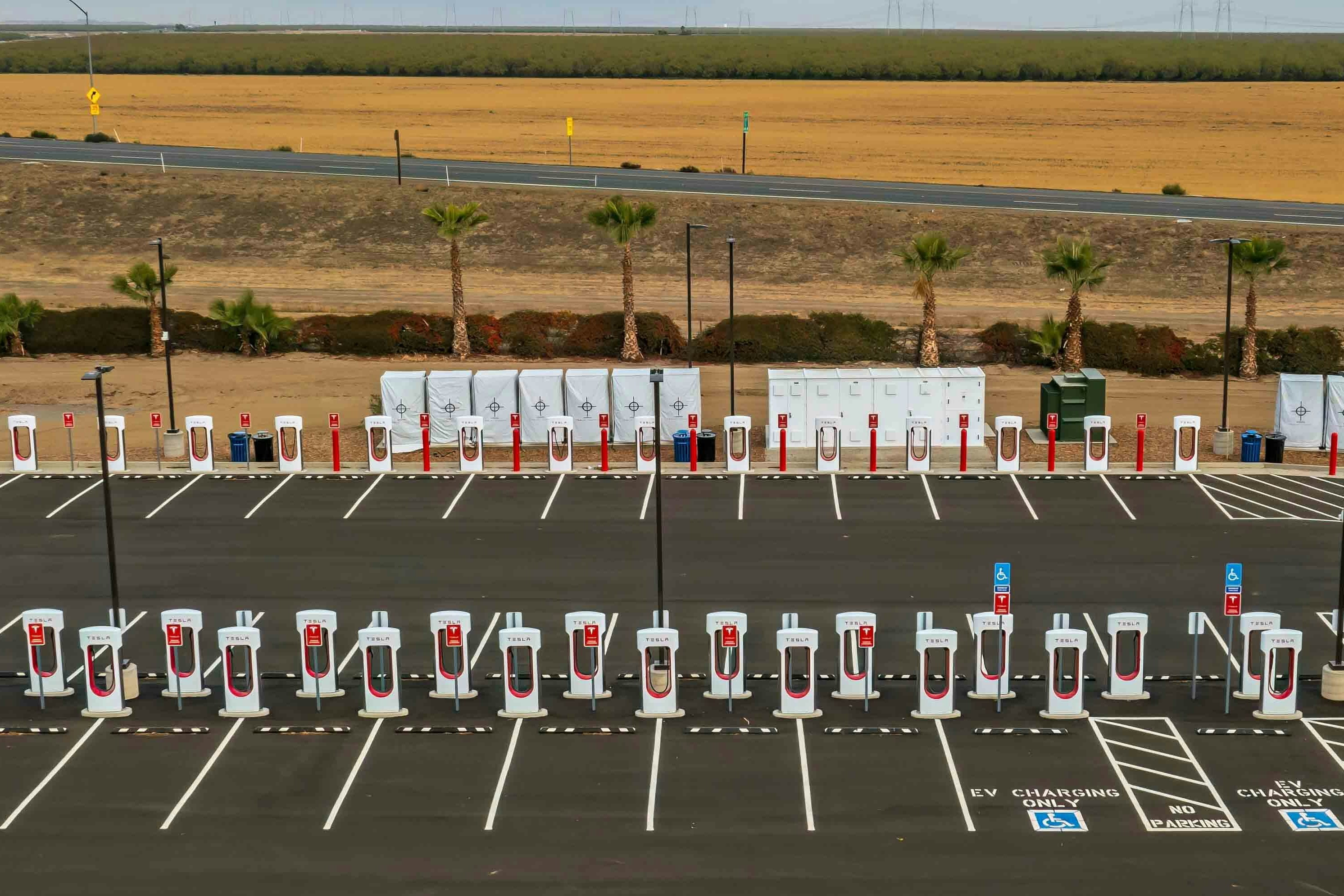 Aerial photo of supercharger Tesla station at the Harris Ranch in California.