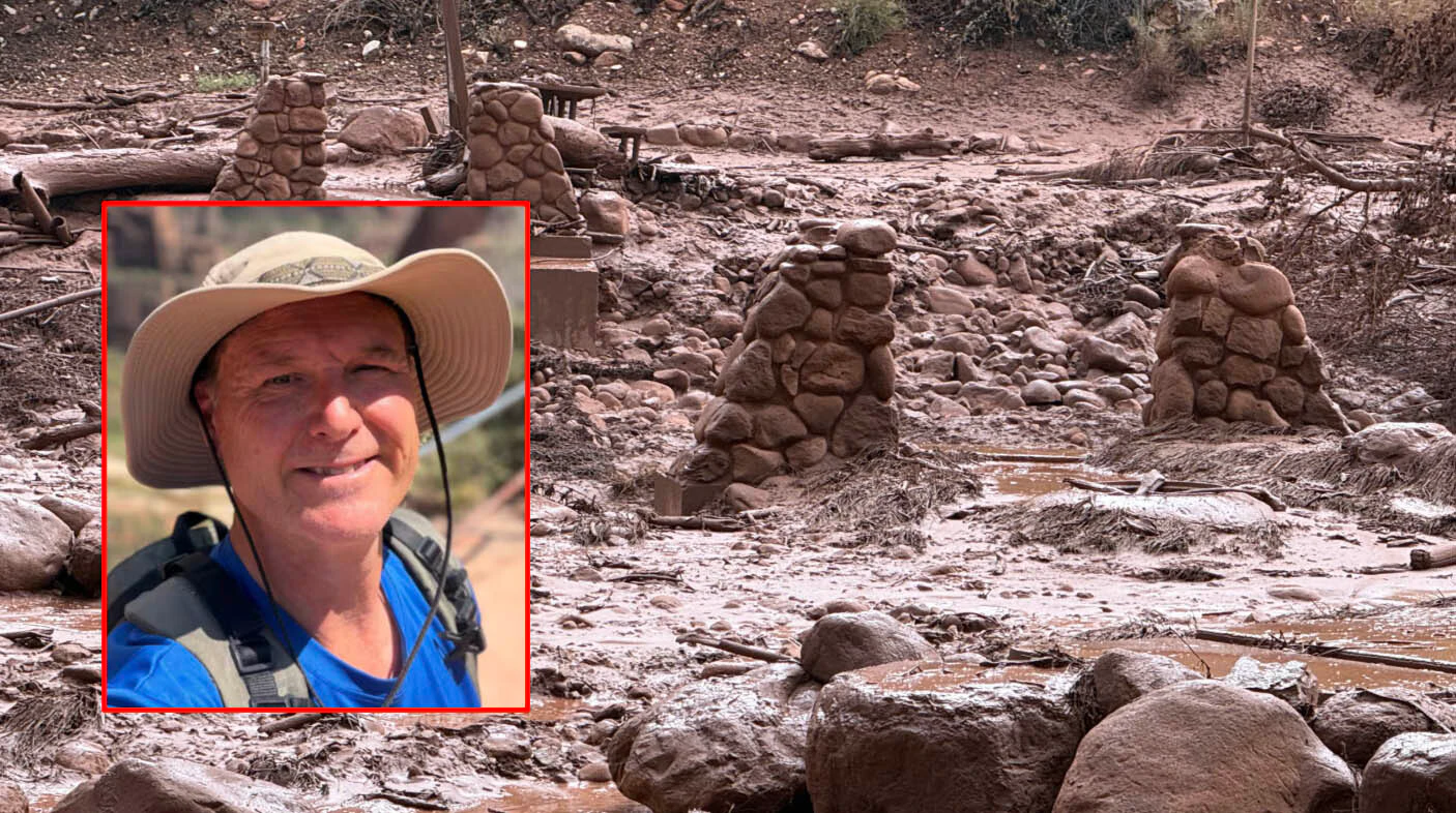 This image released by the Grand Canyon National Park Service via X on Aug. 30, 2026, shows remnants of stone bridge pylons along Bright Angel Creek following a flash flood. Inset: Timothy Smith, courtesy