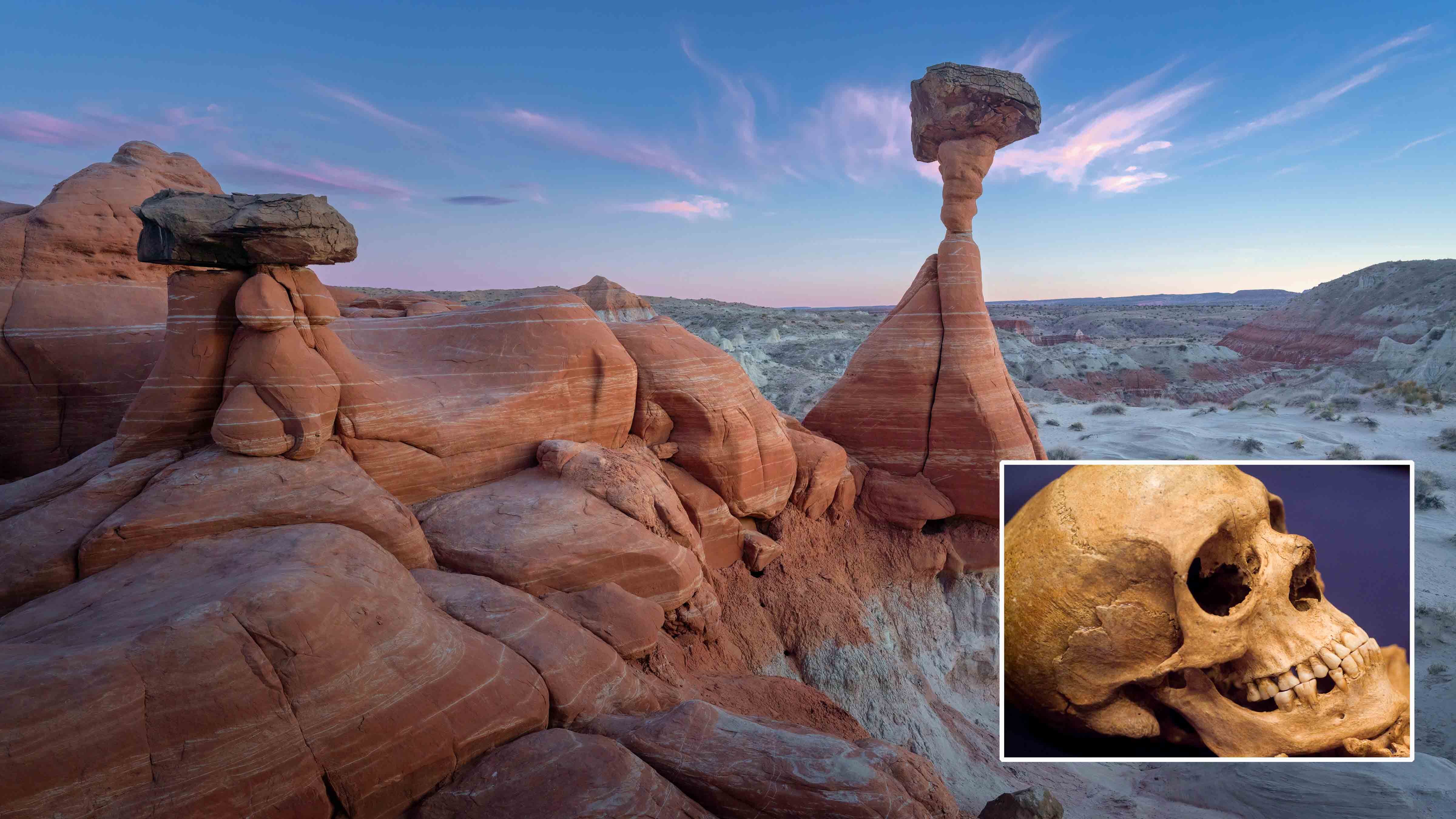 Toadstool Hoodoos in Kanab, Utah, along with file photo of human skull