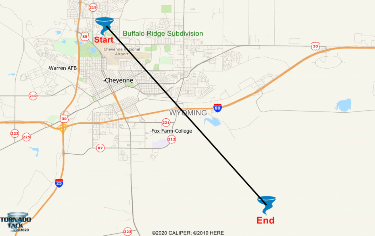 Map of the path of the Cheyenne tornado. July 16, 1979
