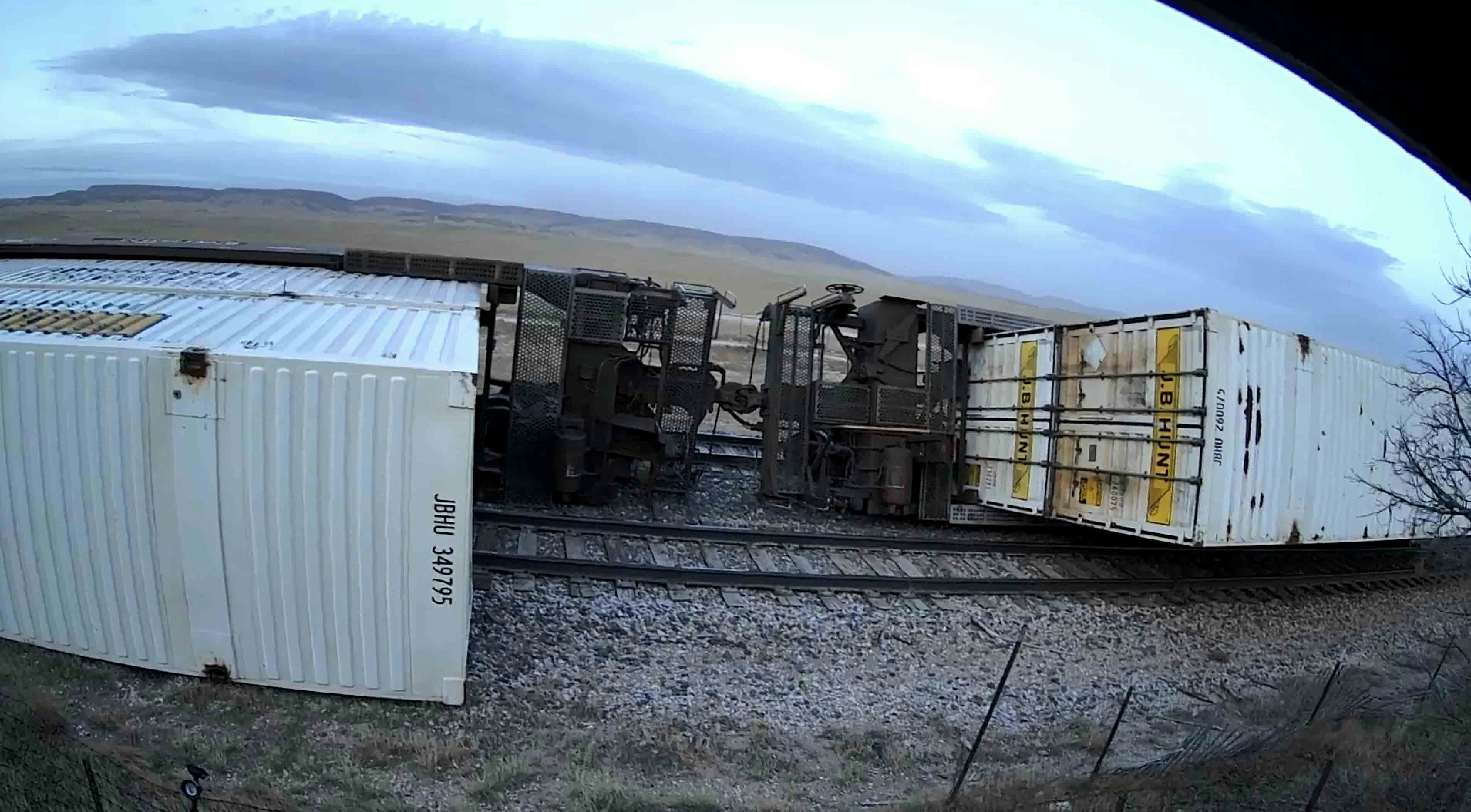 Security cam photo of train derailment in Federal, Wyoming, on Dec 19, 2025