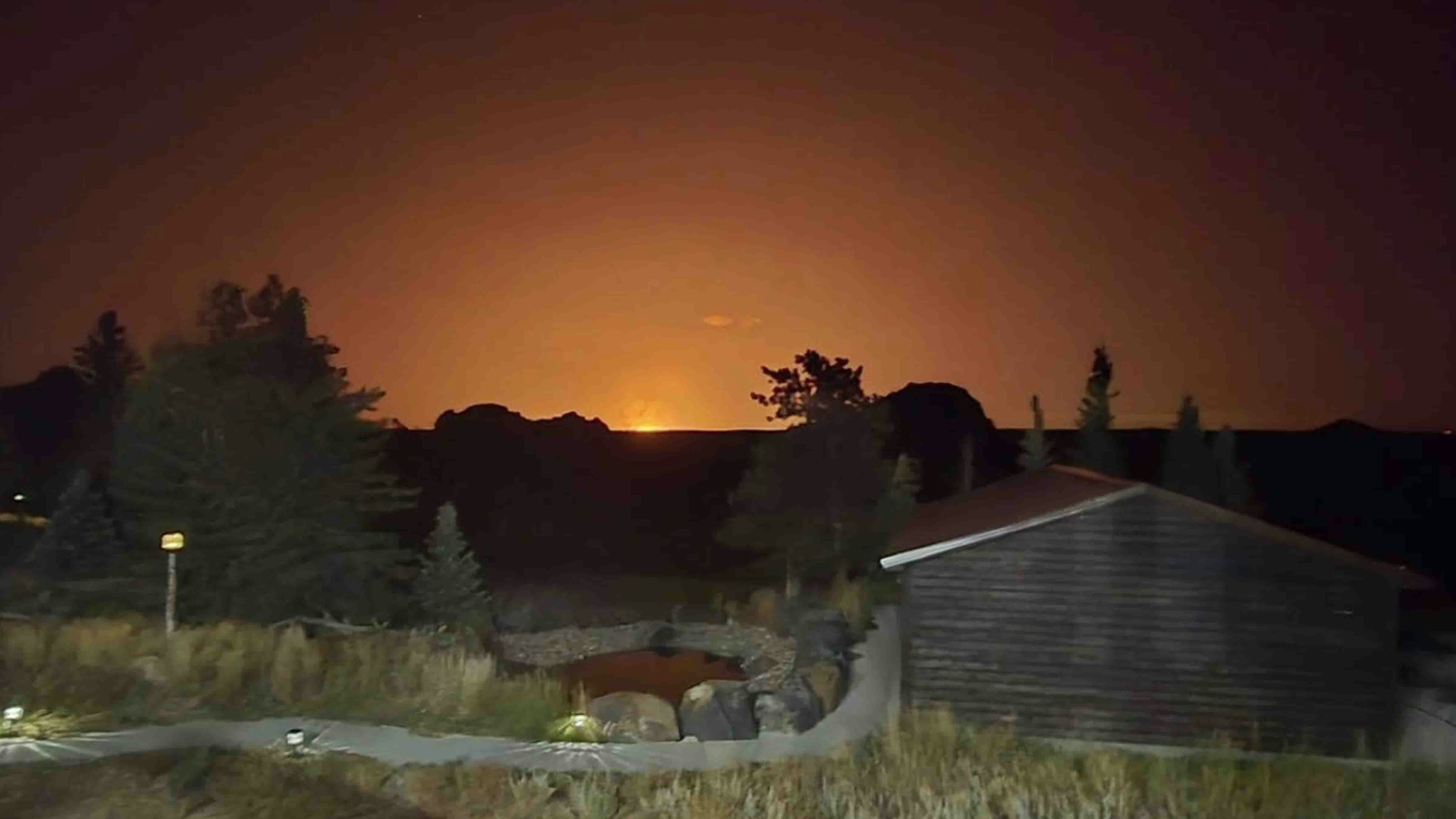 The ominous glow of flames from an explosive train derailment about 1 a.m. Sunday, Sept. 21, 2025, could be seen for at least 60 miles, including places in Colorado. The derailment involved hazardous materials and ruptured a natural gas line.
