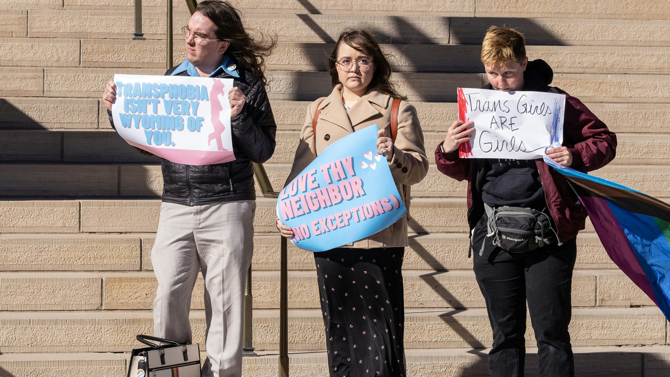 File photo: Transgender sports bill protest on Wyoming State Capitol steps on March 2, 2023