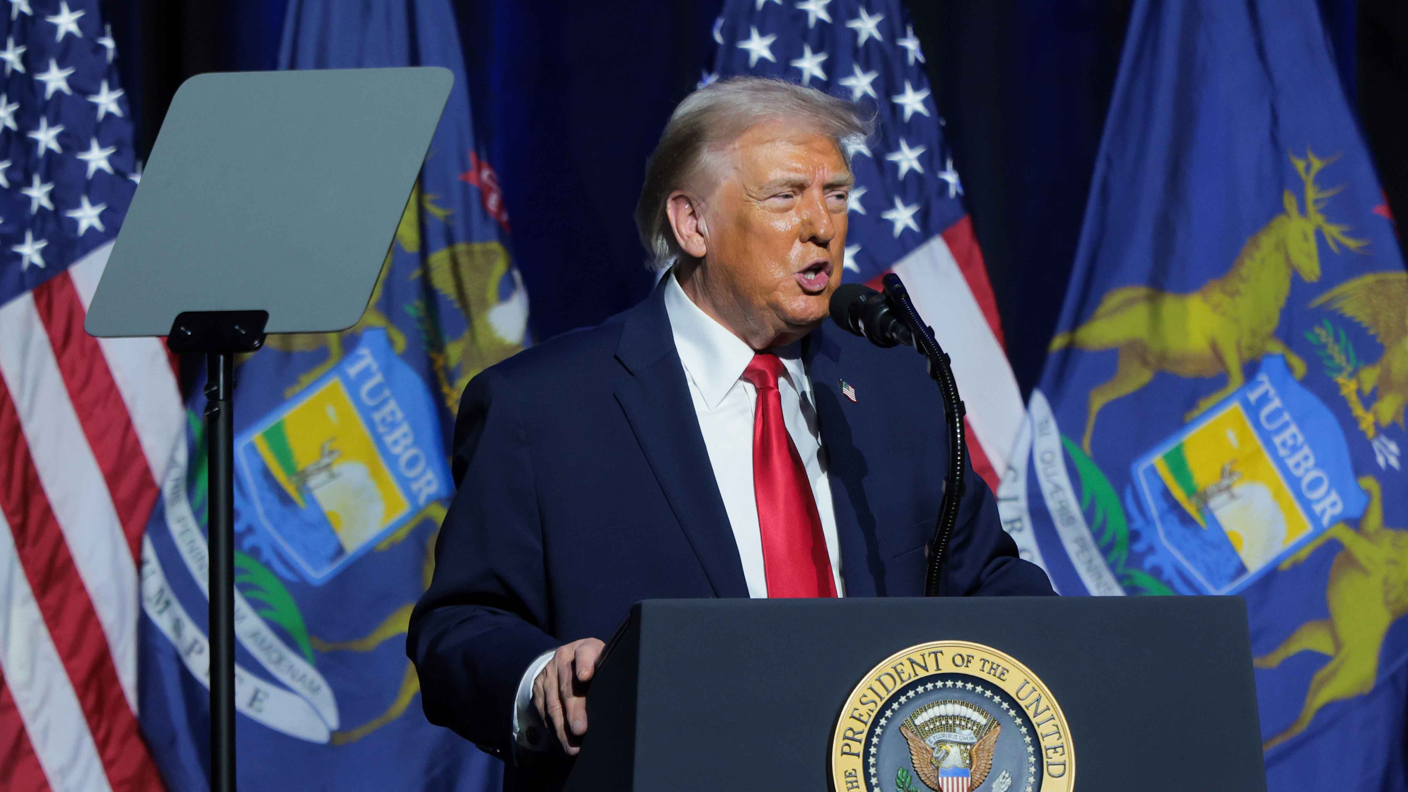 U.S. President Donald Trump delivers remarks to members of the Detroit Economic Club at the MotorCity Casino Hotel on January 13, 2026 in Detroit, Michigan.