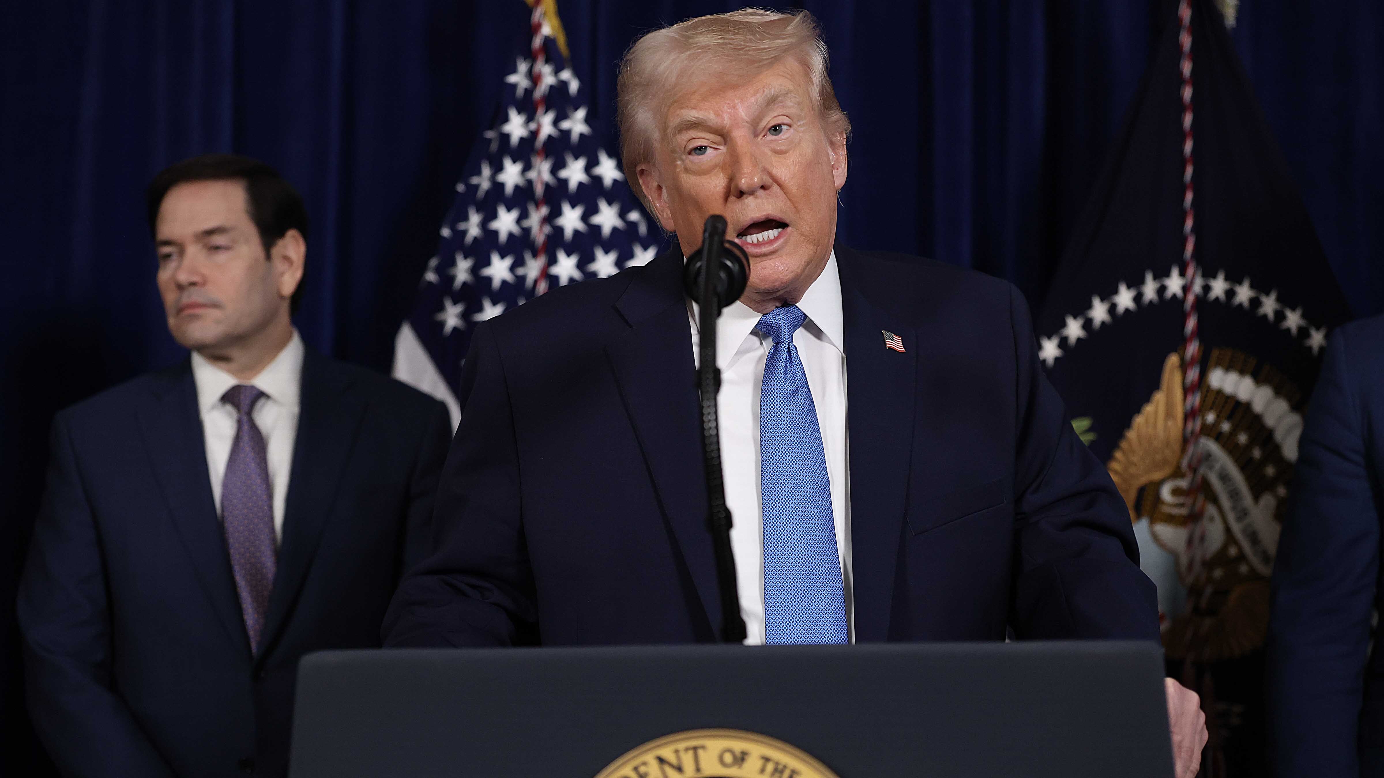 U.S. President Donald Trump addresses the media during a news conference at his Mar-a-Lago club on January 03, 2026, in Palm Beach, Florida. President Trump confirmed that the U.S. military carried out a large-scale strike in Caracas overnight, resulting in the capture of Venezuelan leader Nicolas Maduro and his wife, Cilia Flores.