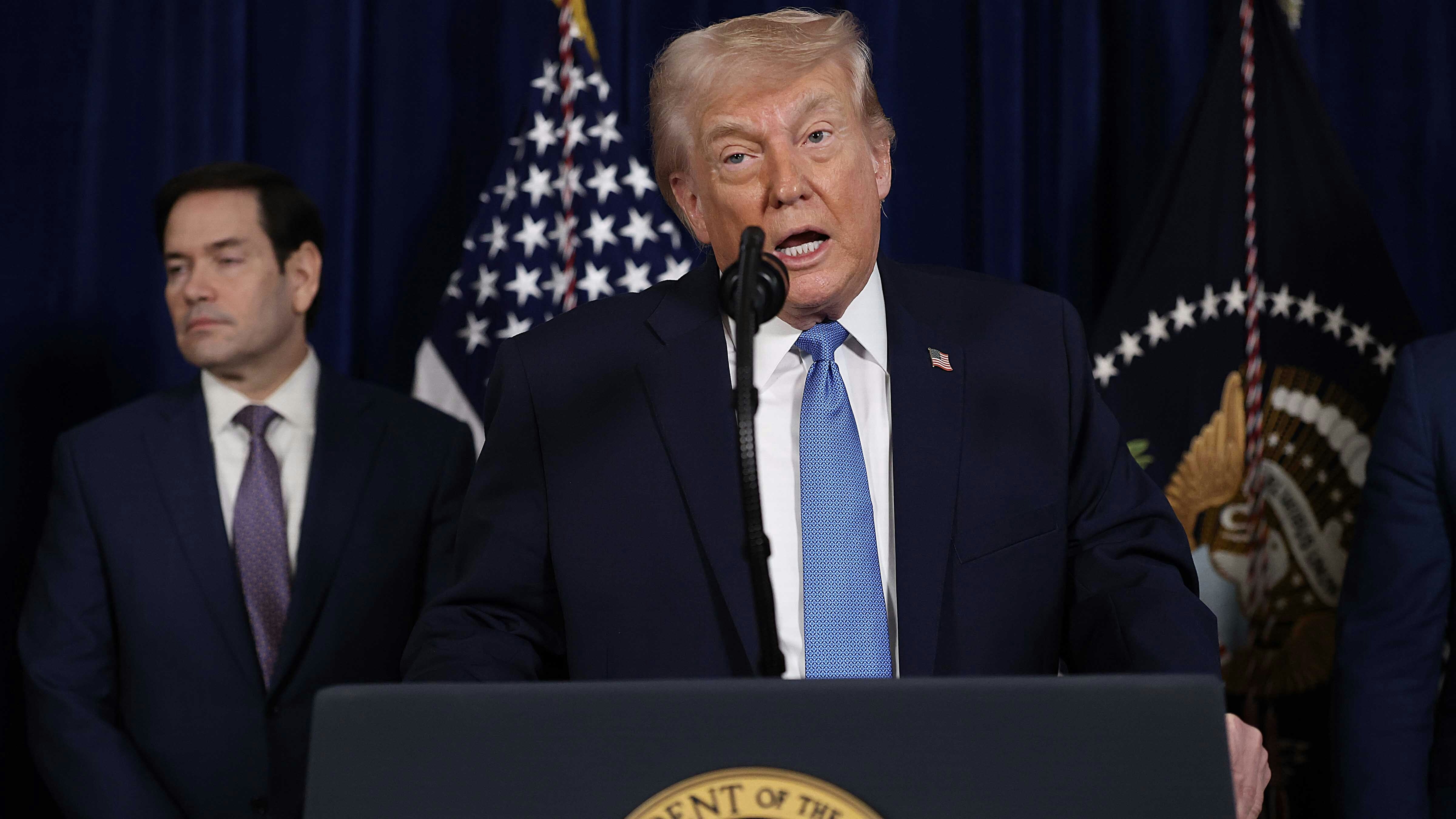 U.S. President Donald Trump addresses the media during a news conference at his Mar-a-Lago club on January 03, 2026, in Palm Beach, Florida. President Trump confirmed that the U.S. military carried out a large-scale strike in Caracas overnight, resulting in the capture of Venezuelan leader Nicolas Maduro and his wife, Cilia Flores.