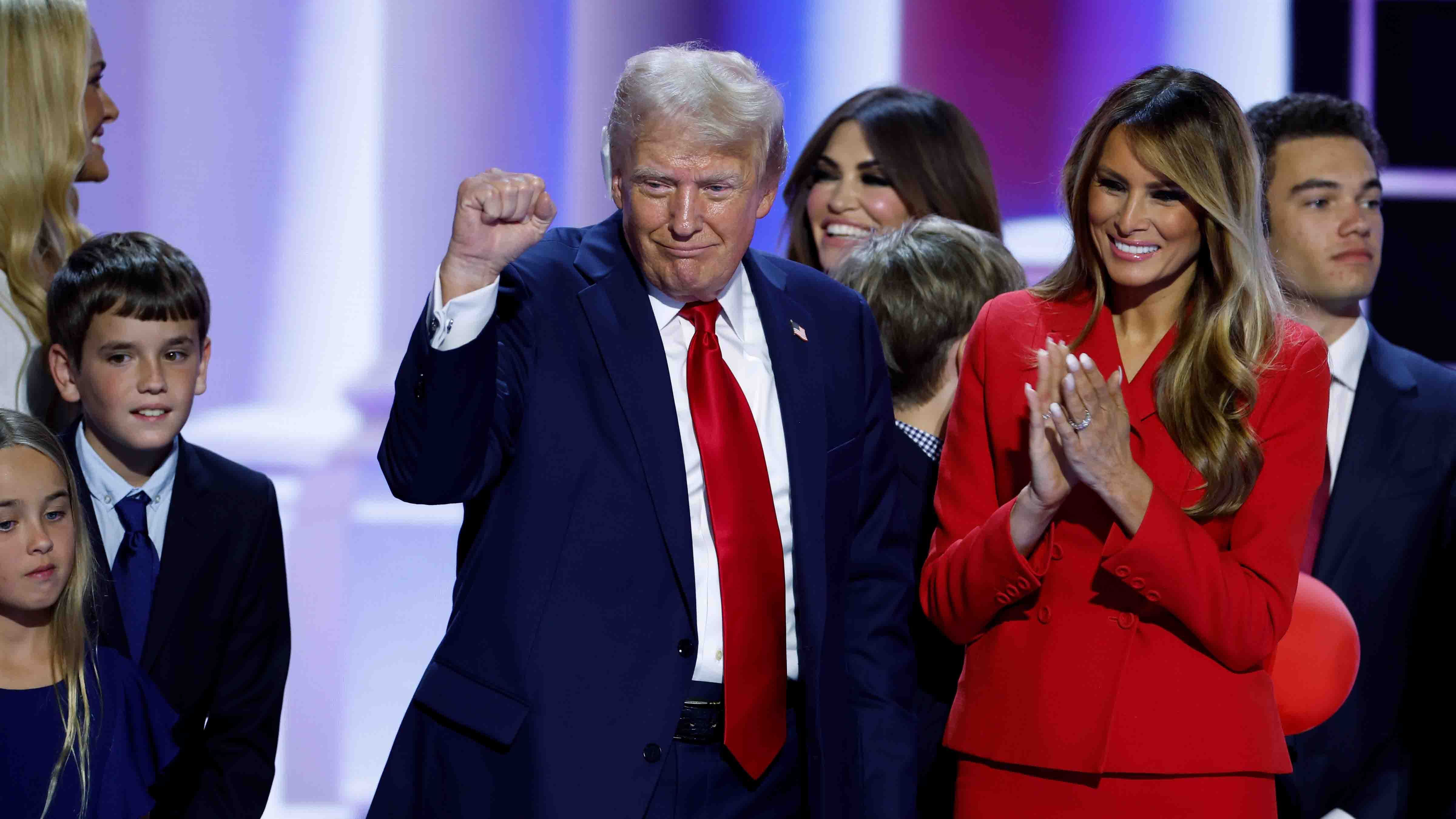Former first lady Melania Trump and members of the Trump family join Republican presidential nominee, former U.S. President Donald Trump on stage after he officially accepted the Republican presidential nomination on the fourth day of the Republican National Convention at the Fiserv Forum on July 18, 2024 in Milwaukee, Wisconsin.