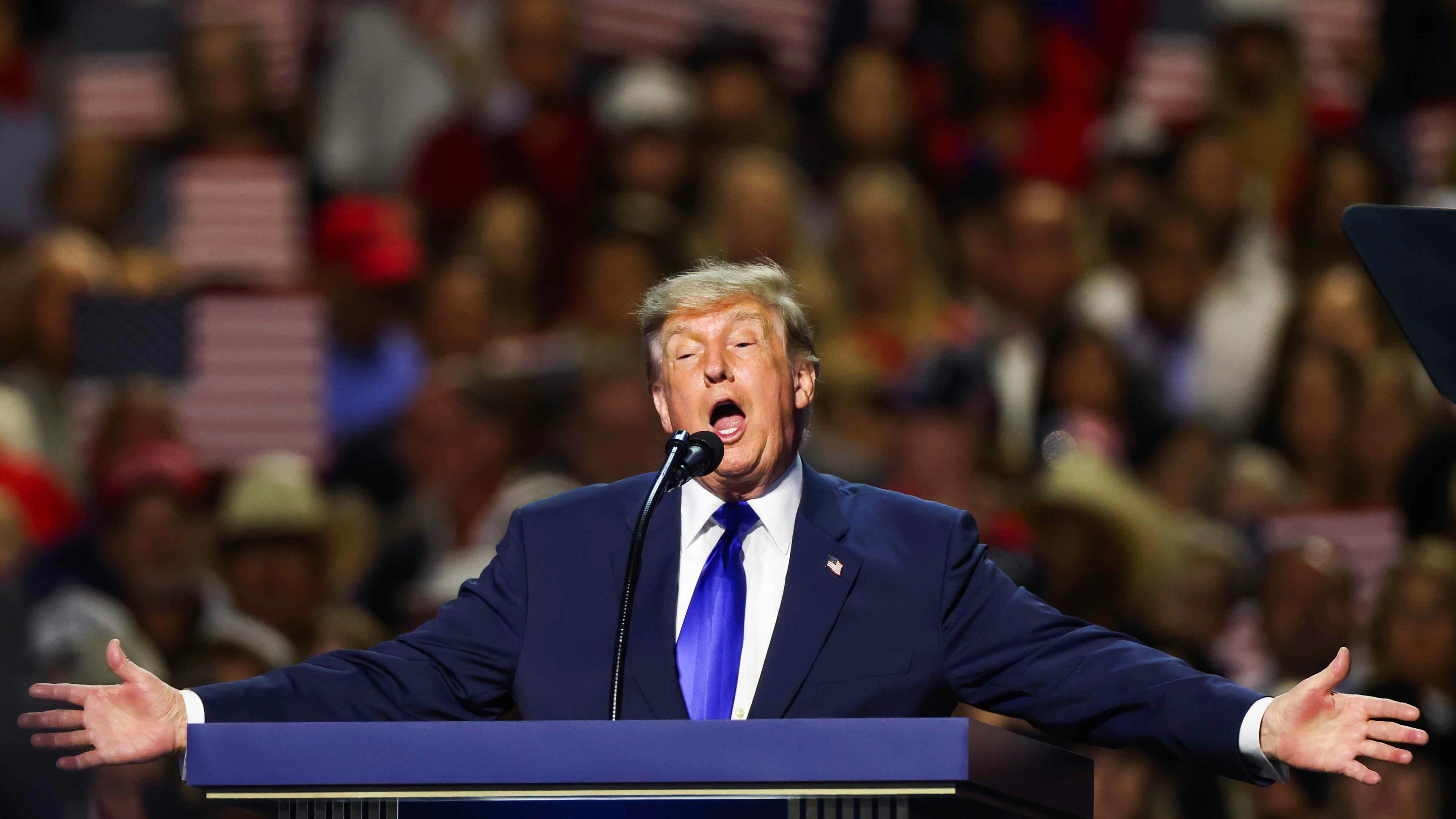 U.S. President Donald Trump speaks on stage on the first day of the 2026 Republican National Convention at the American Airlines Center on September 09, 2026 in Dallas, Texas.