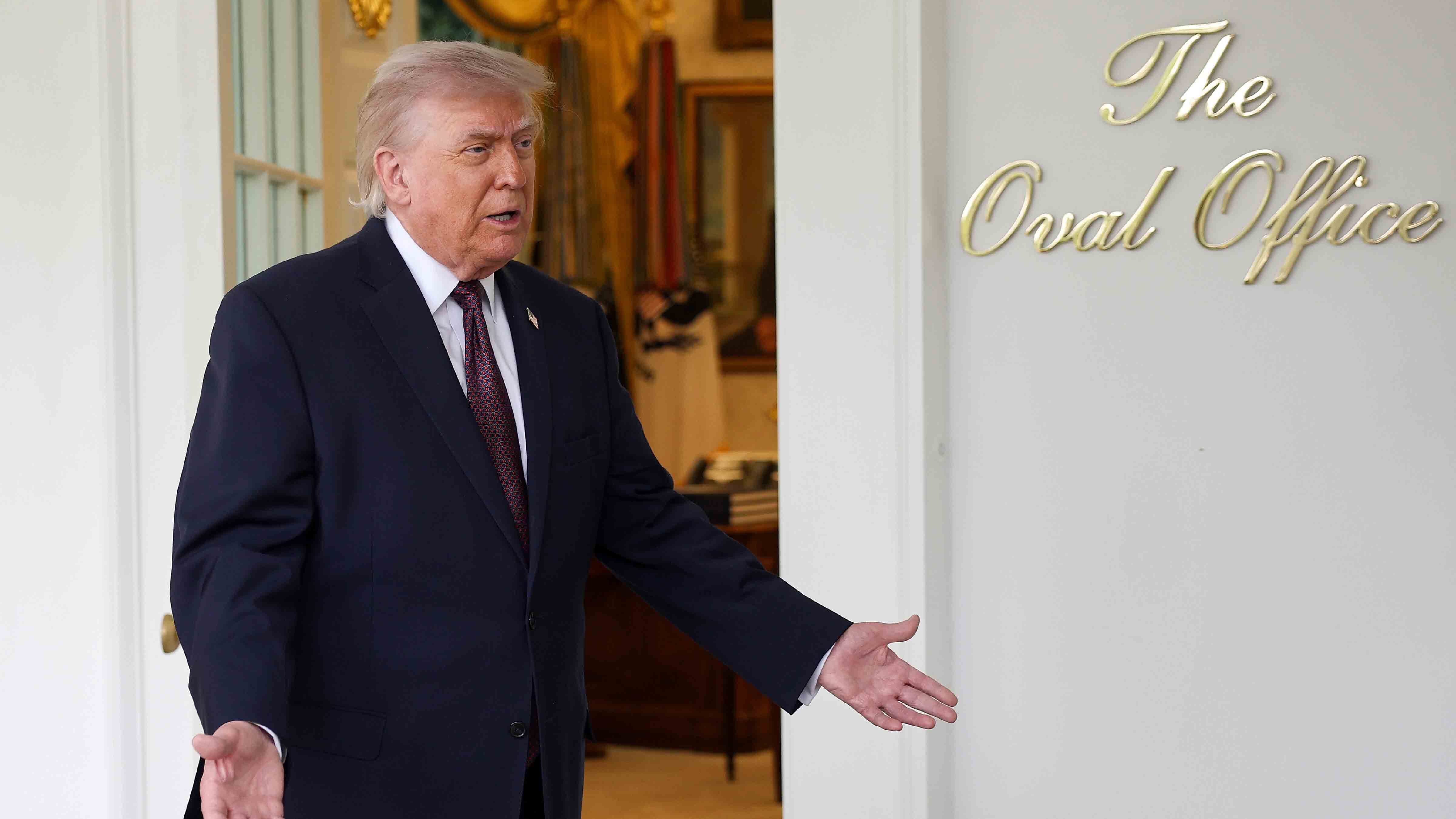 President Donald Trump speaks to the press during an event outside the Oval Office of the White House on April 13, 2026 in Washington, DC.
