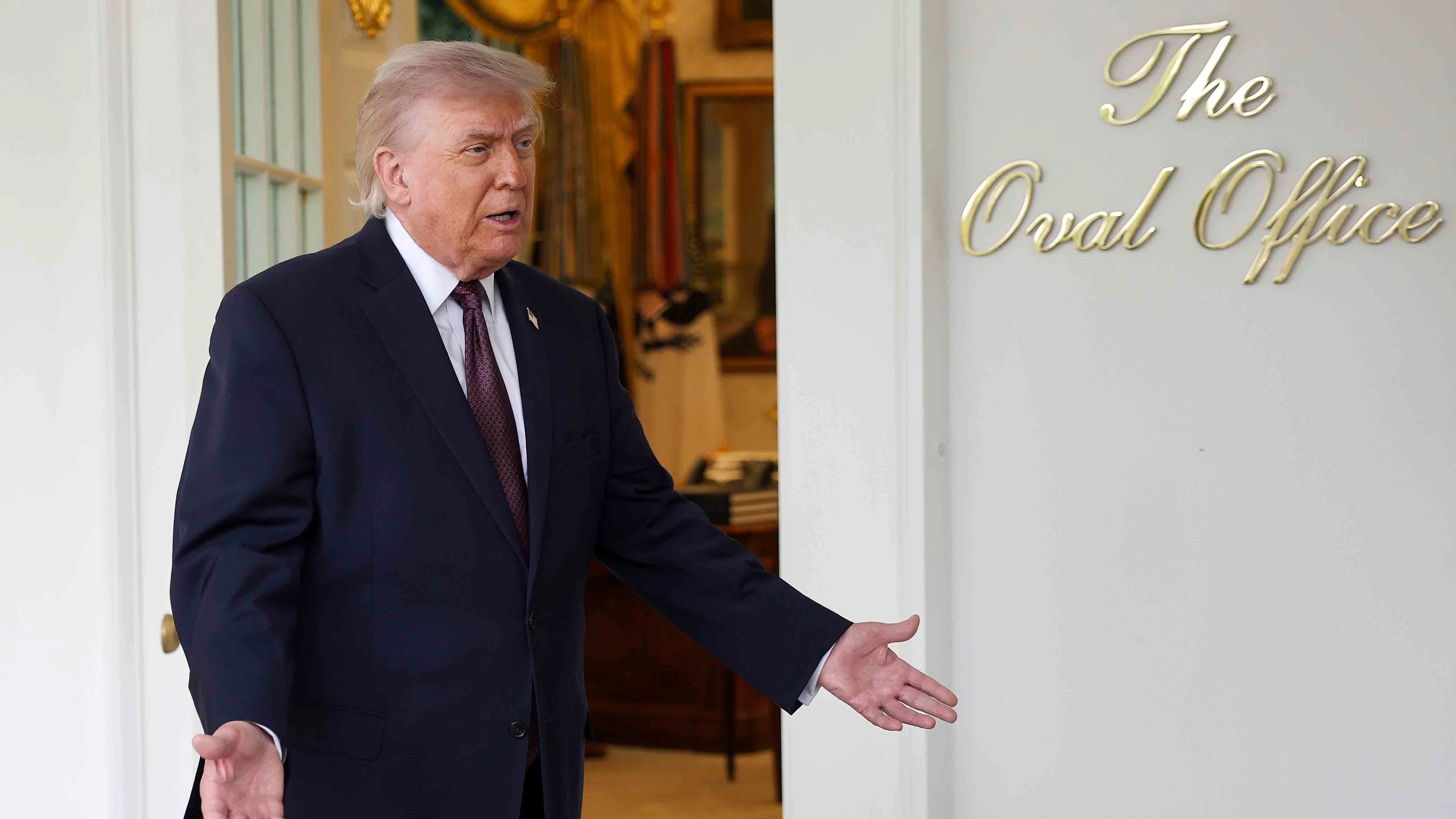 President Donald Trump speaks to the press during an event outside the Oval Office of the White House on April 13, 2026 in Washington, DC.