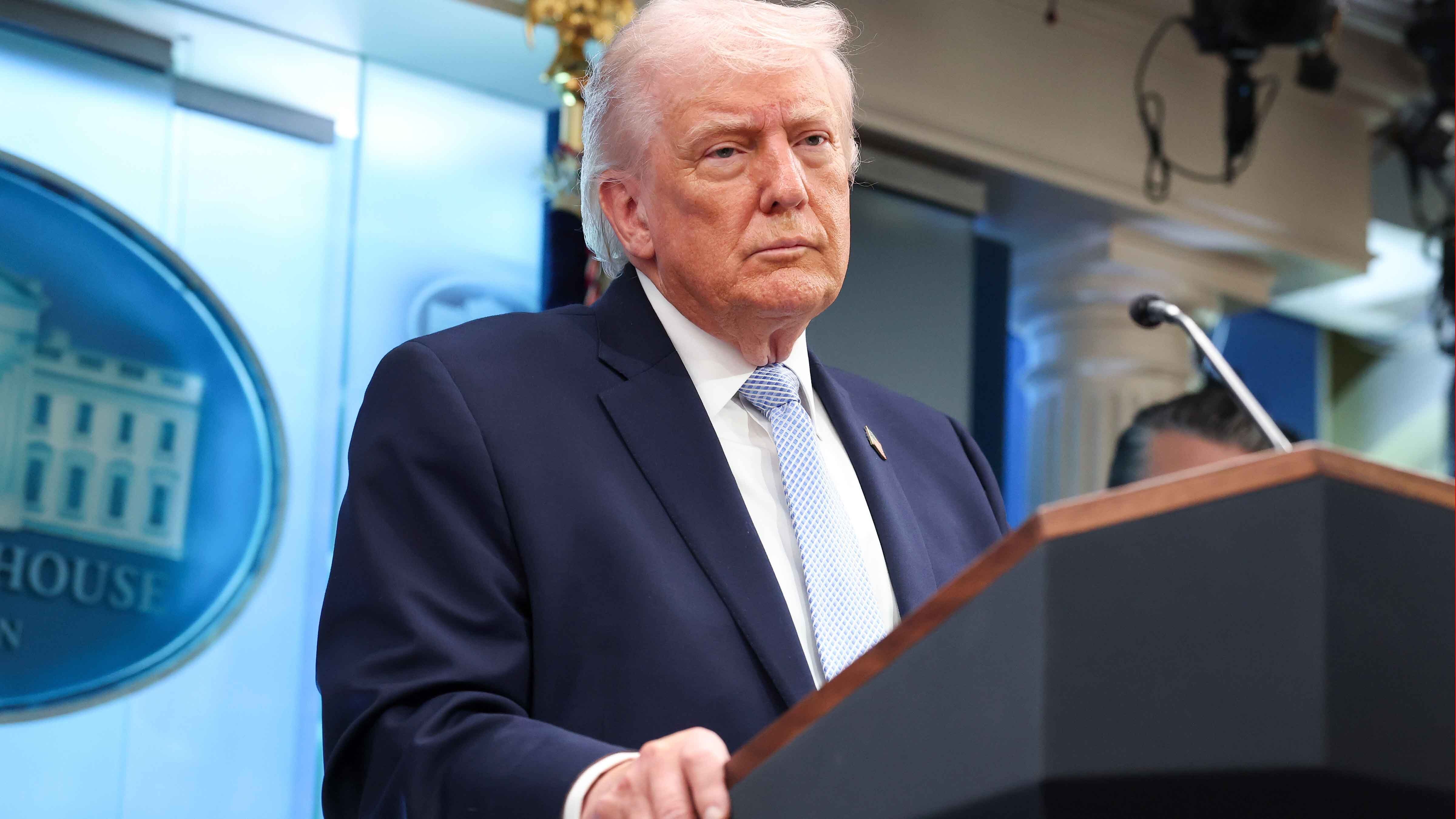 U.S. President Donald Trump speaks during a news conference in James S. Brady Press Briefing Room of the White House on April 6, 2026, in Washington, D.C.