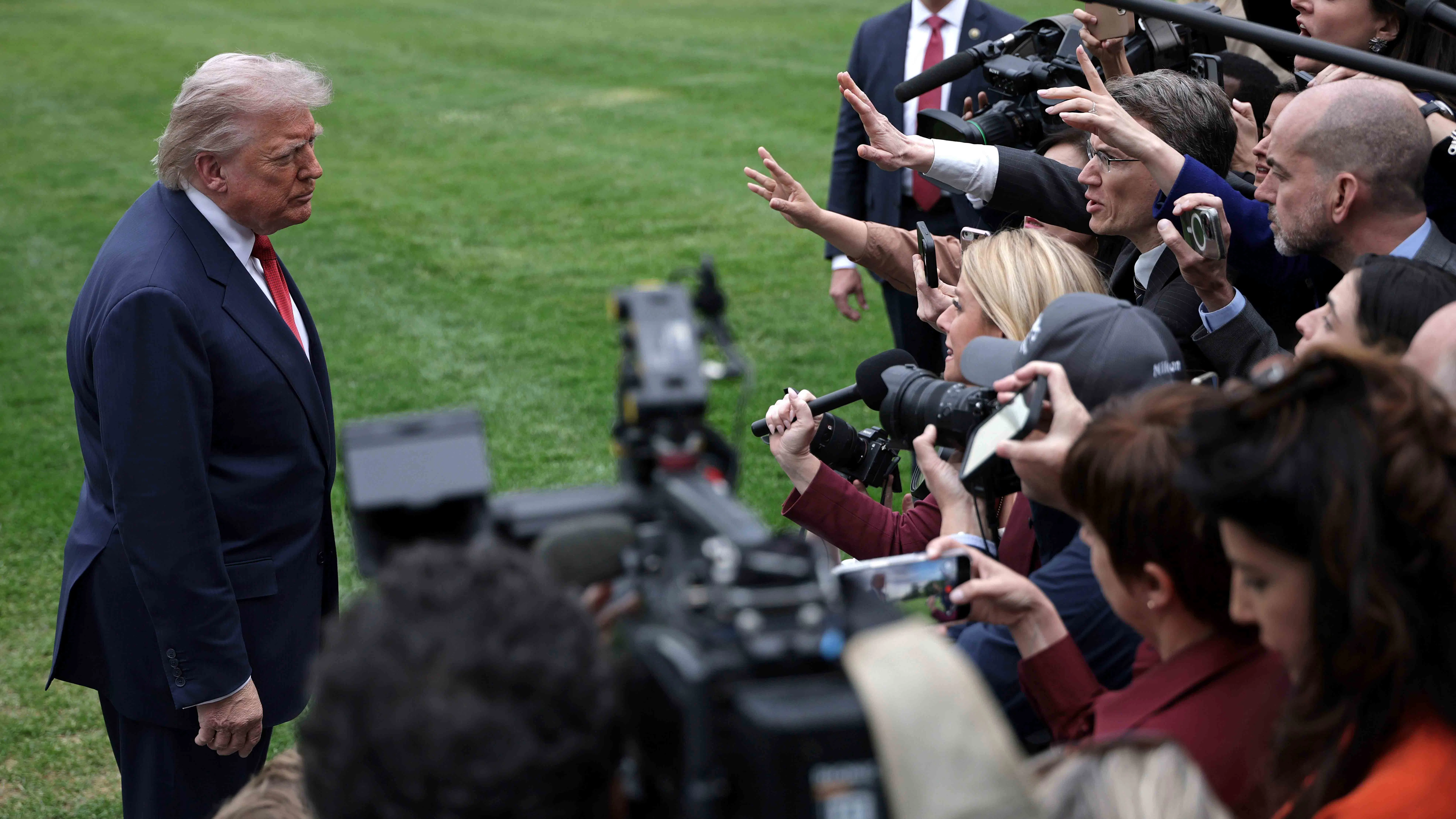 President Donald Trump speaks to members of the media prior to a Marine One departure from the South Lawn of the White House on May 8, 2026 in Washington, DC.