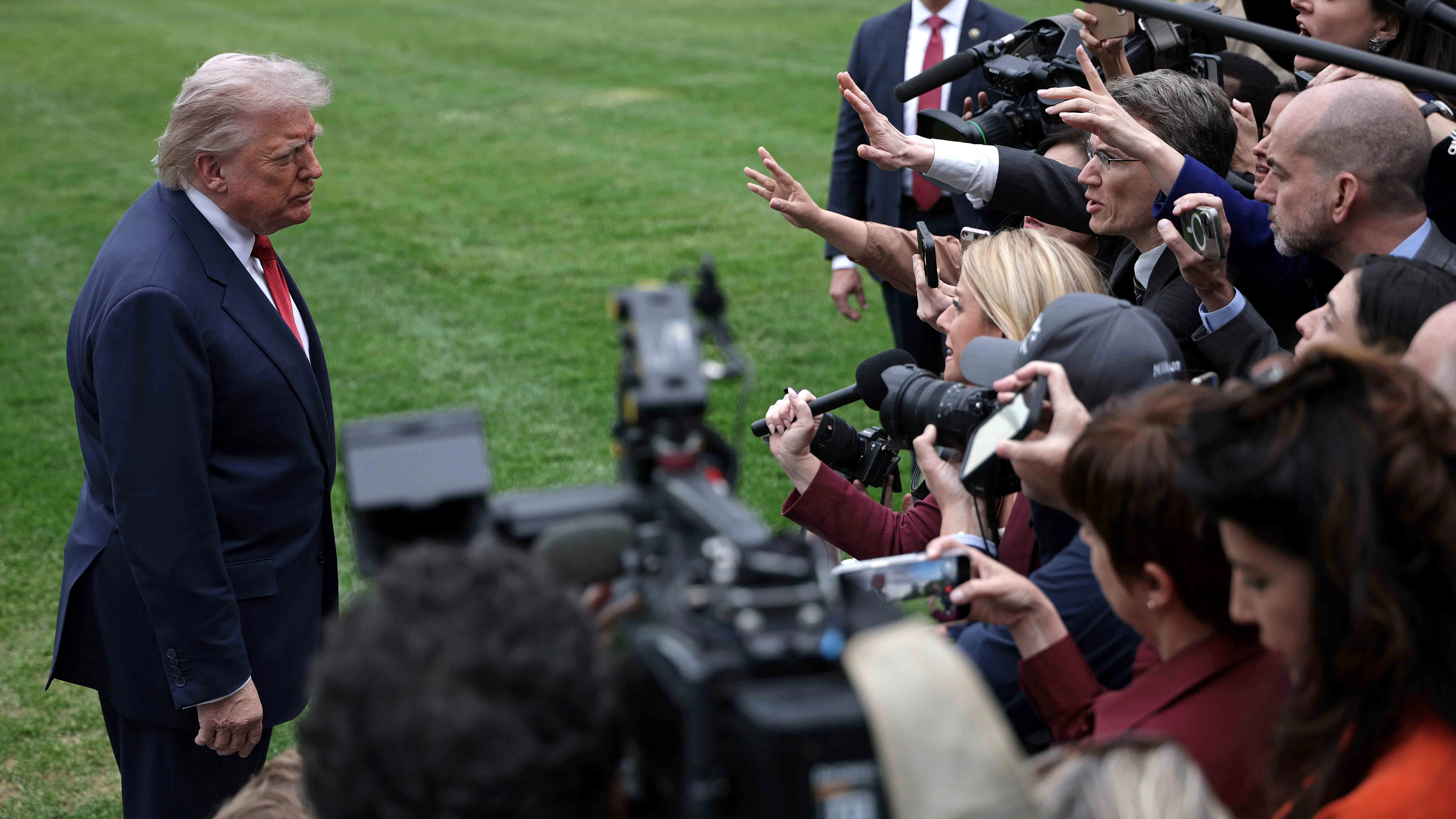 President Donald Trump speaks to members of the media prior to a Marine One departure from the South Lawn of the White House on May 8, 2026 in Washington, DC.