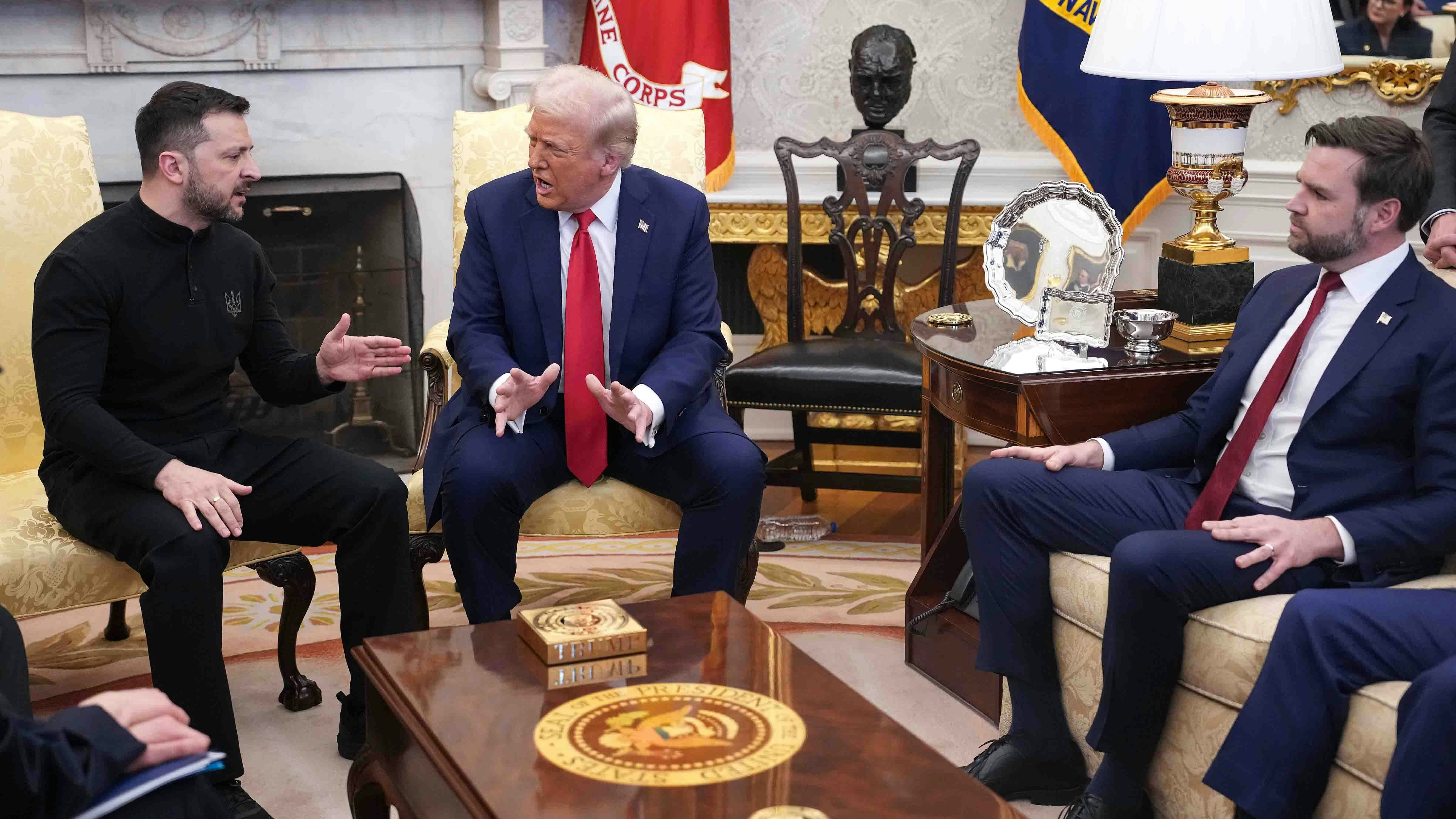 U.S. President Donald Trump (C) and Vice President JD Vance meet with Ukrainian President Volodymyr Zelensky in the Oval Office at the White House on February 28, 2025 in Washington, DC.