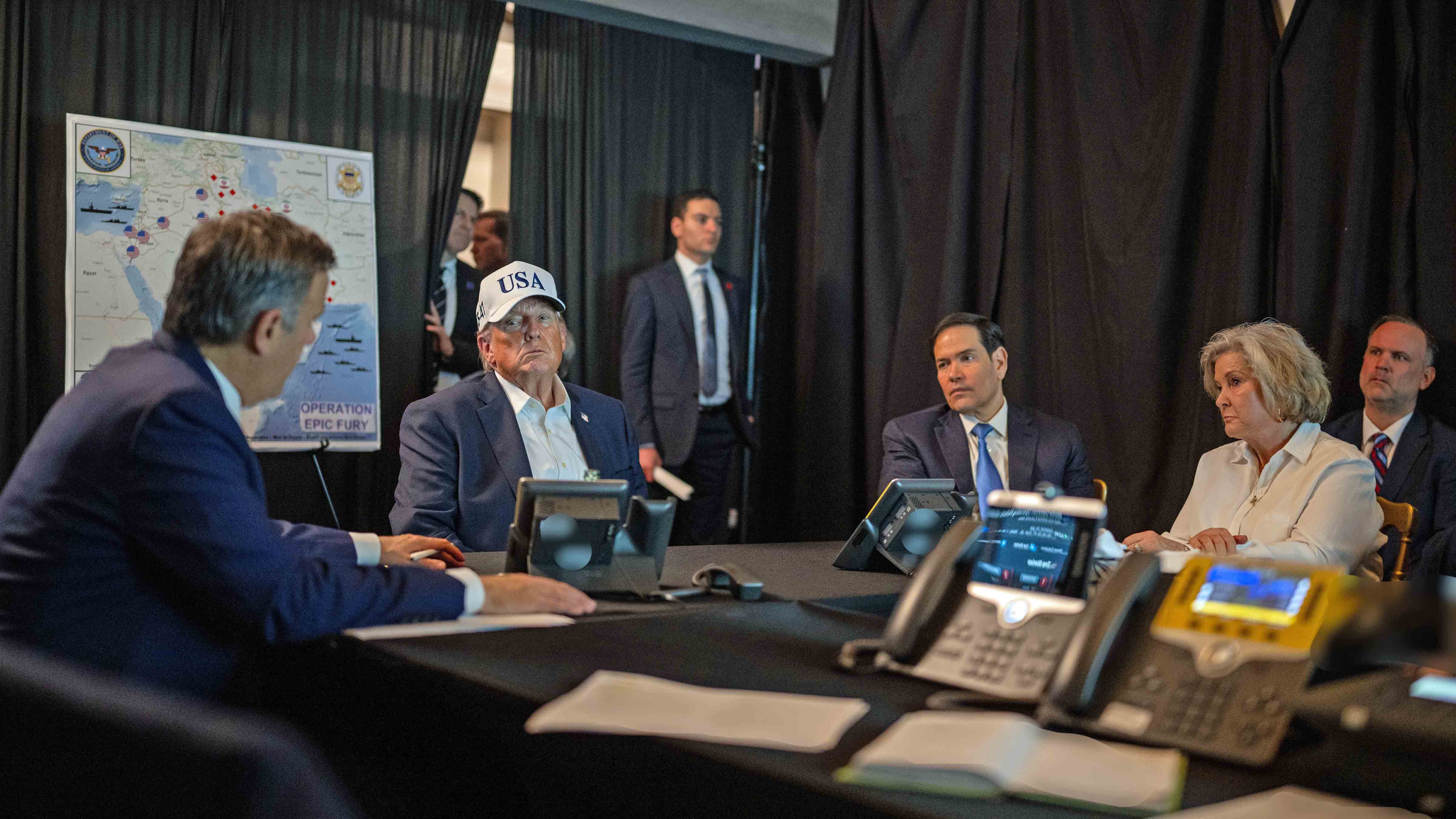 U.S. President Donald Trump oversees "Operation Epic Fury" with (L-R) Central Intelligence Agency Director John Ratcliffe, U.S. Secretary of State Marco Rubio and White House Chief of Staff Susie Wiles at Mar-a-Lago on February 28, 2026 in Palm Beach, Florida.
