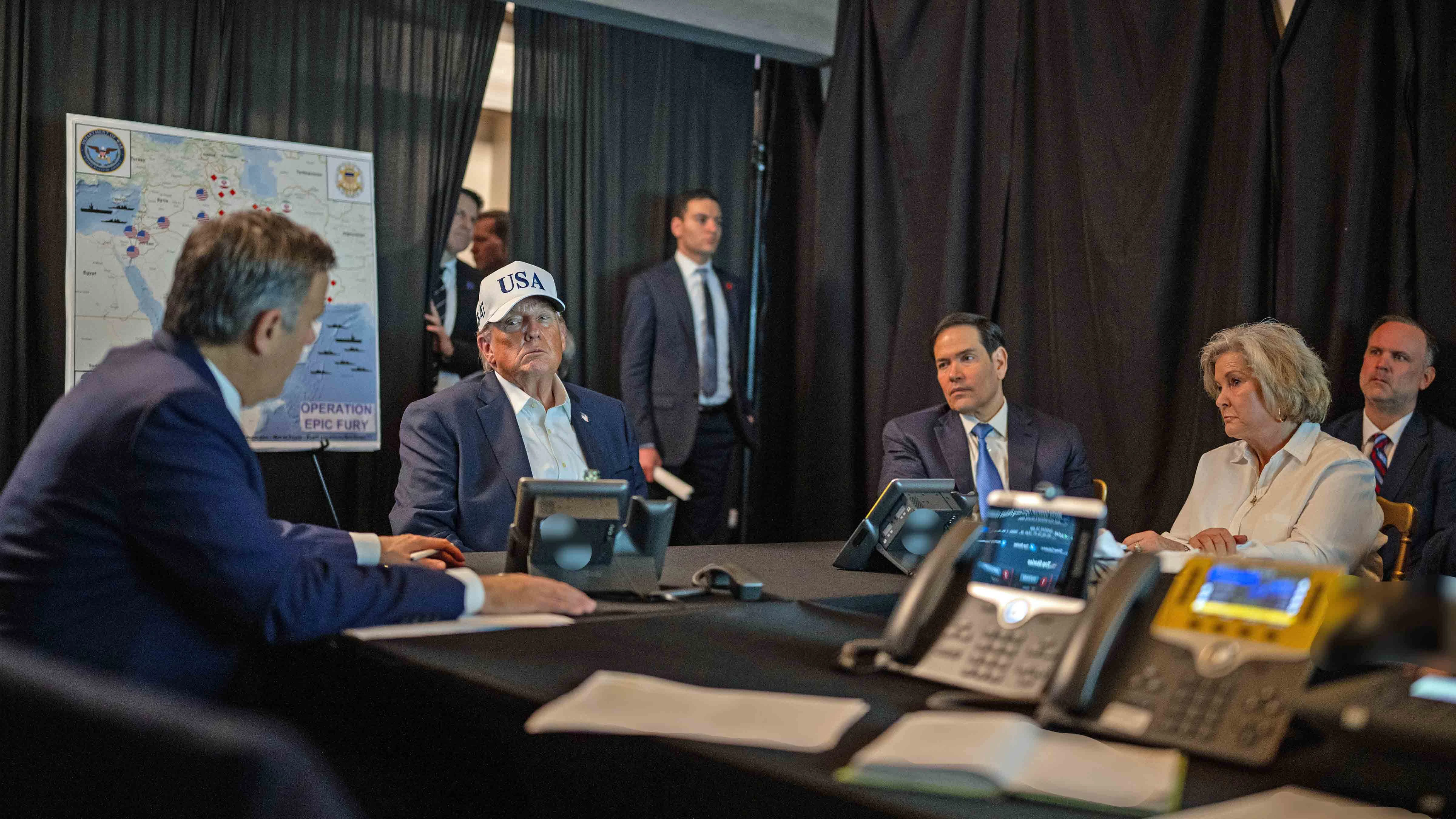 U.S. President Donald Trump oversees "Operation Epic Fury" with (L-R) Central Intelligence Agency Director John Ratcliffe, U.S. Secretary of State Marco Rubio and White House Chief of Staff Susie Wiles at Mar-a-Lago on February 28, 2026 in Palm Beach, Florida.