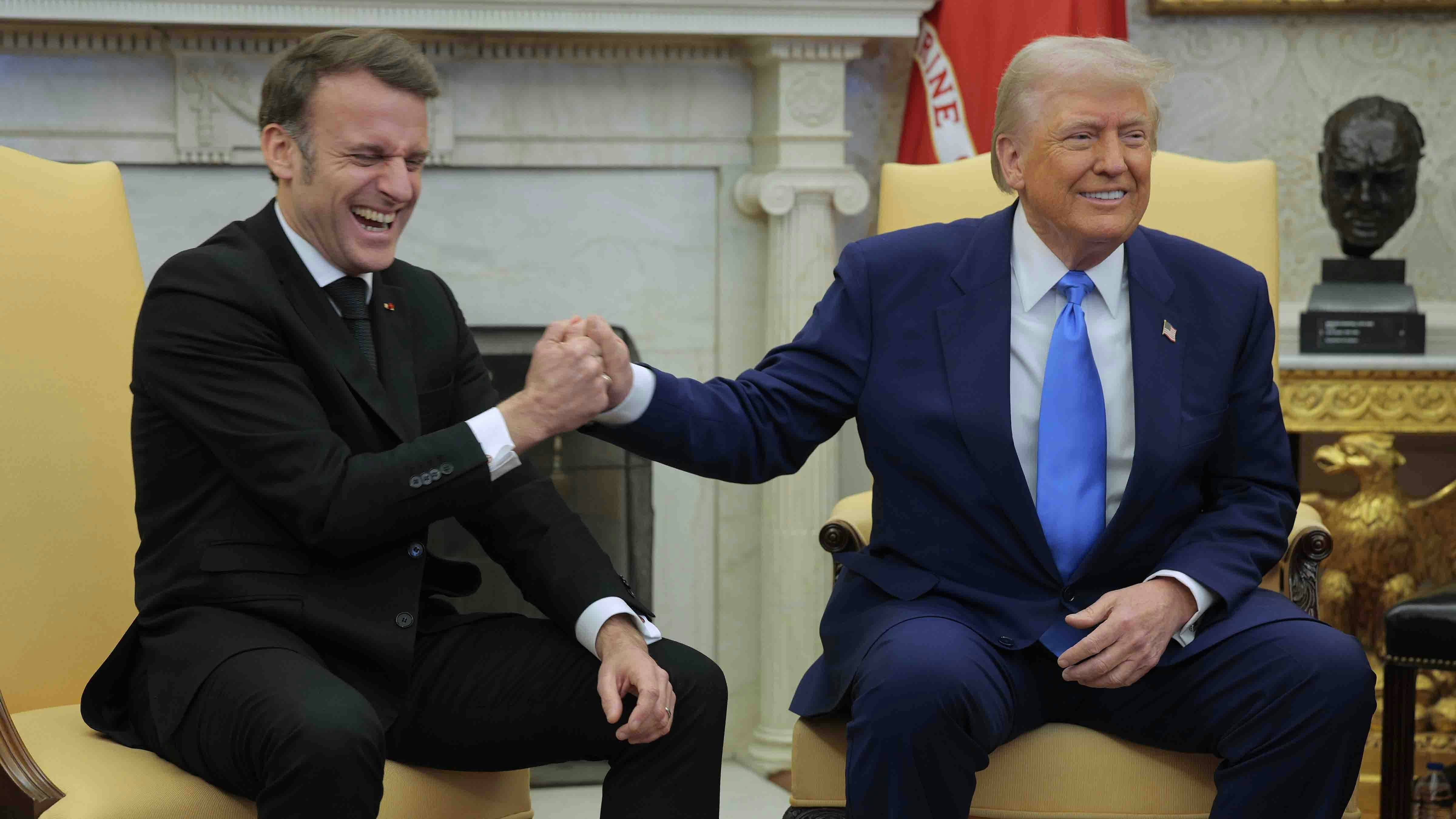 President Donald Trump (R) meets with French President Emmanuel Macron in the Oval Office at the White House on February 24, 2025 in Washington, DC.