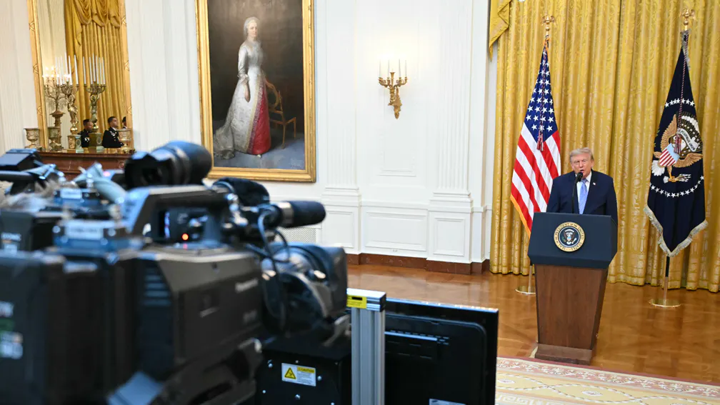 U.S. President Donald Trump addresses the nation from the East Room of the White House on July 16, 2026 in Washington, DC.