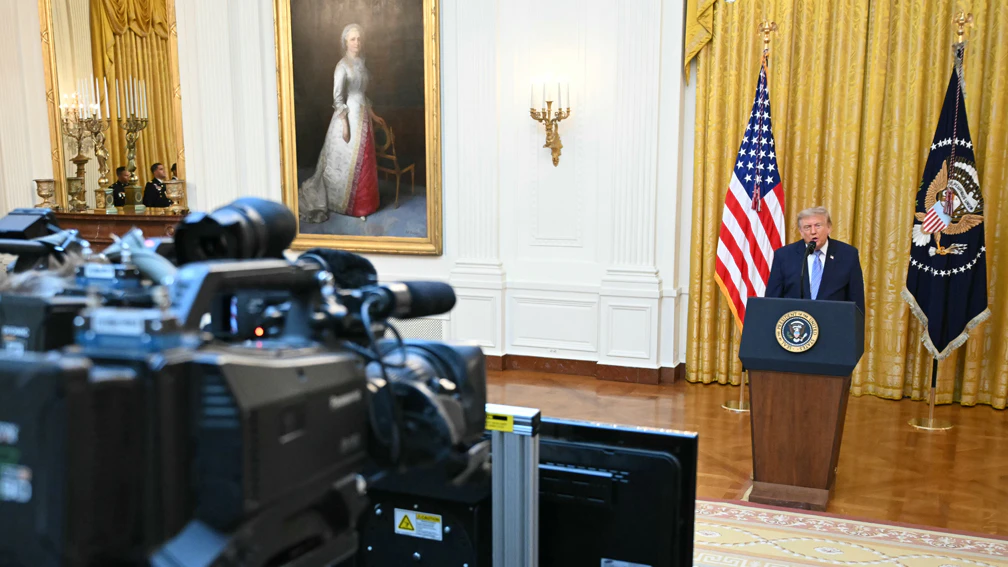 U.S. President Donald Trump addresses the nation from the East Room of the White House on July 16, 2026 in Washington, DC.